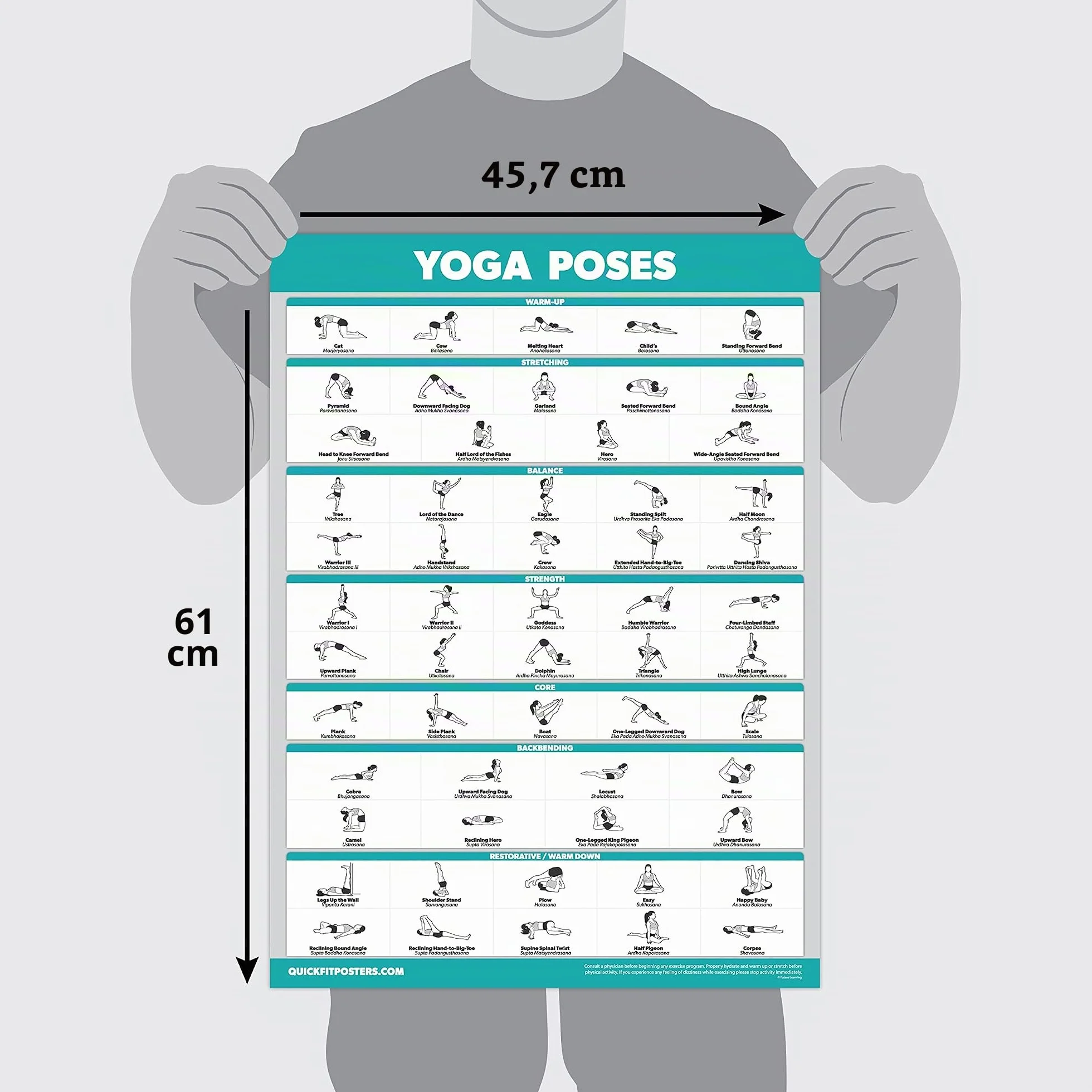 QUICKFIT Lot de 3 affiches yoga et stretching – Tapis pilates – Tableaux entraînement laminé 45,7 x 68,6 cm