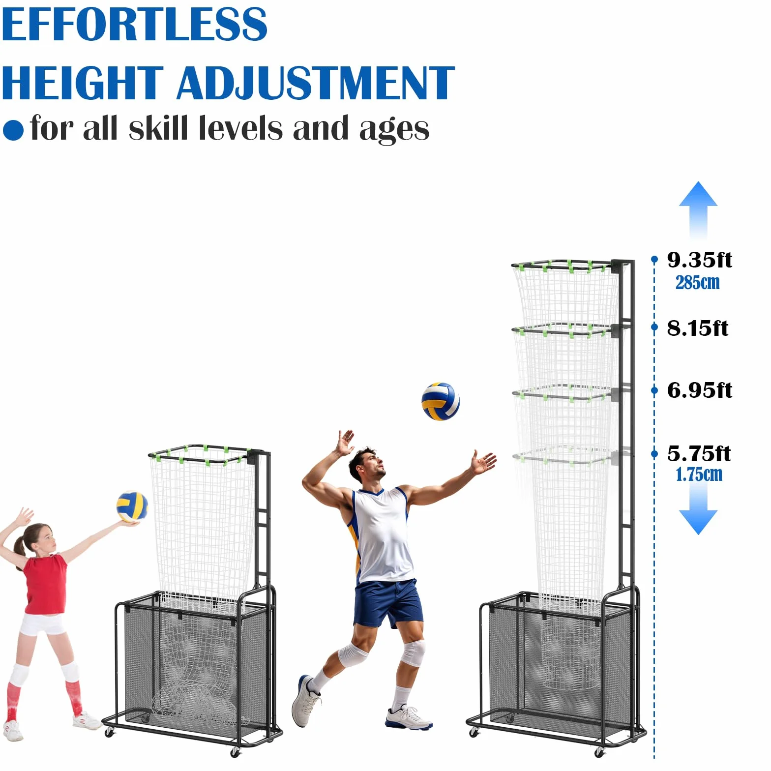 Filet d'Entraînement de Passeur Volley-Ball avec Roues – Système Réglable en Hauteur (1,75m-2,85m) et Angle