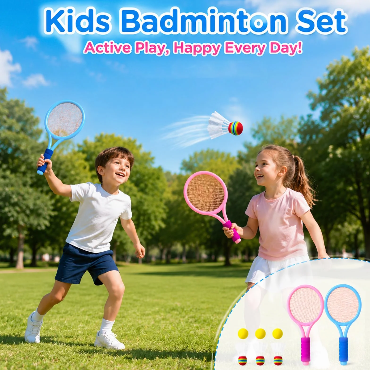 Federball Set Kinder mit 3 Badmintonbälle und 3 Tennisbälle, Tennisschläger Badminton Raquette Spielzeug