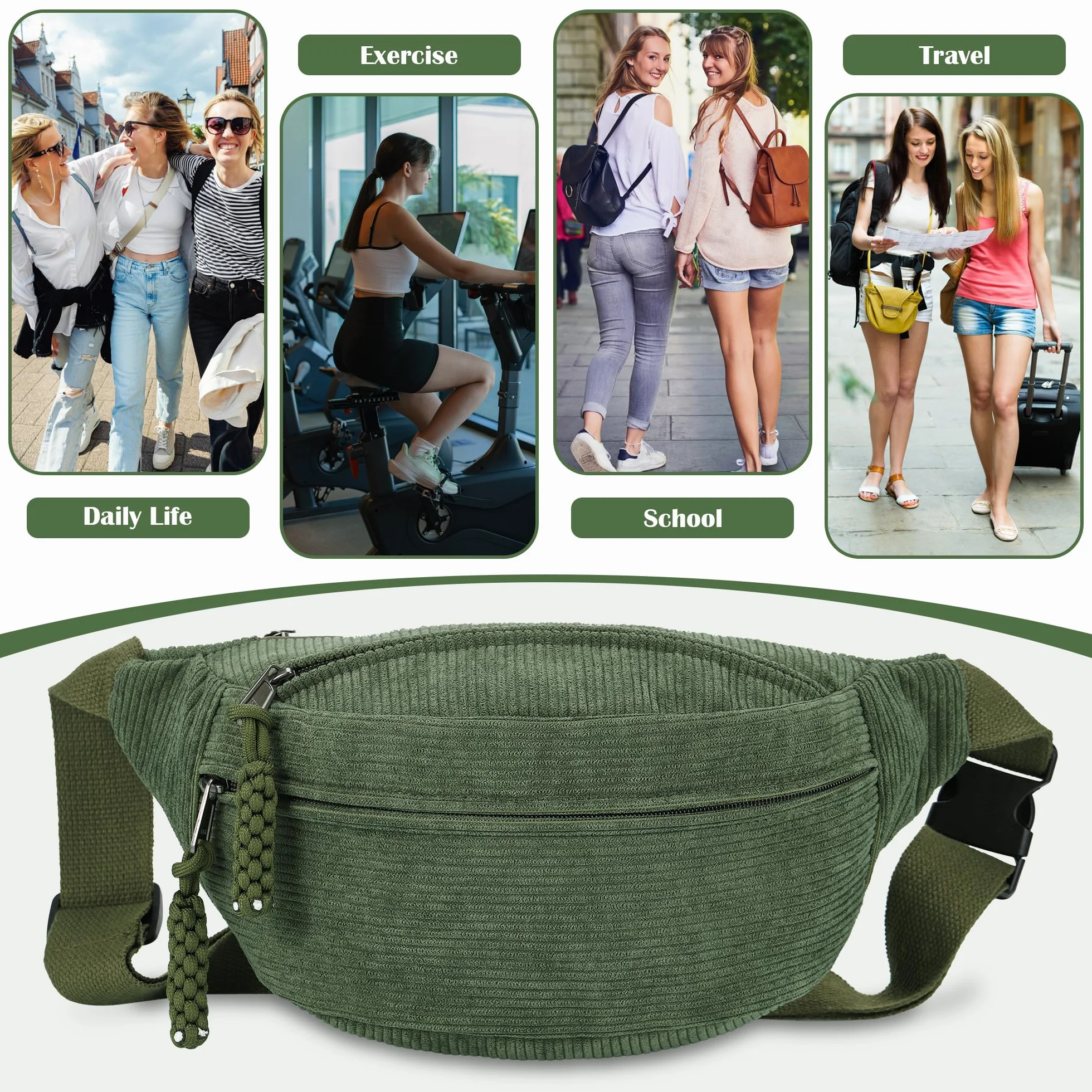 Sac Banane Femme Velours Côtelé Bandoulière Réglable Vert Randonnée Cyclisme
