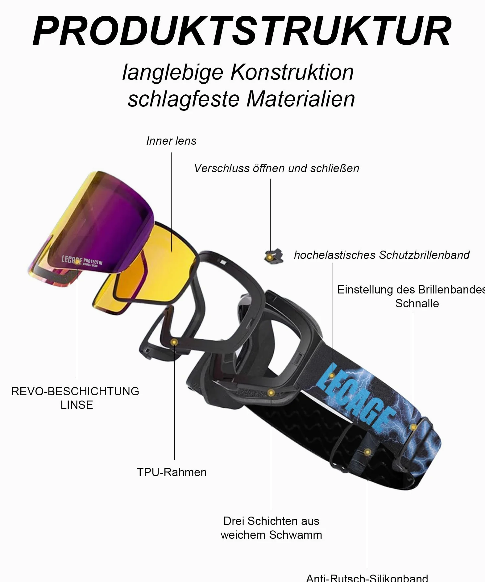 Lunettes de Ski Pliables en Haut - Masque de Ski Vision Large Sans Cadre, Anti-Buée Double Couche, UV400 Compatible avec le casque, Masque de Snowboard Homme Femme, Parfait pour Sports Hiver