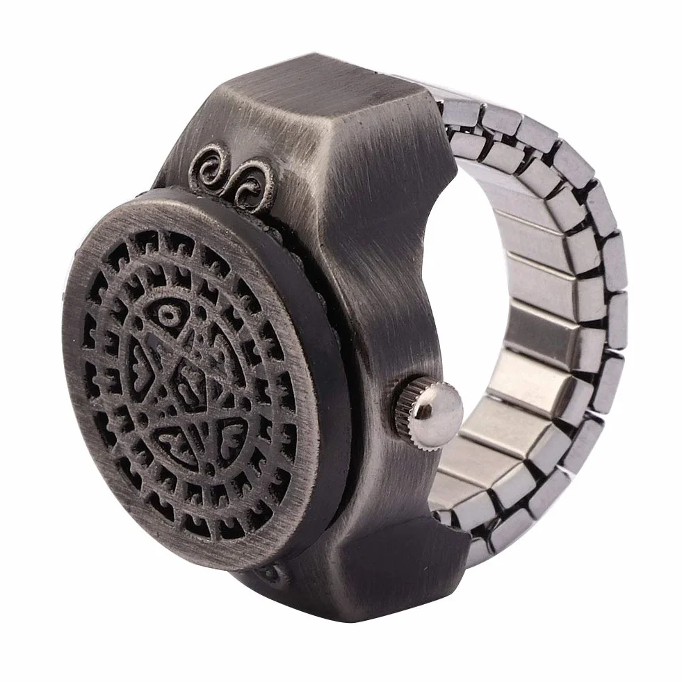 Pongnas Ring Watch Vintage Quartz Horloge à Doigt Flip Up Couvercle Hommes
