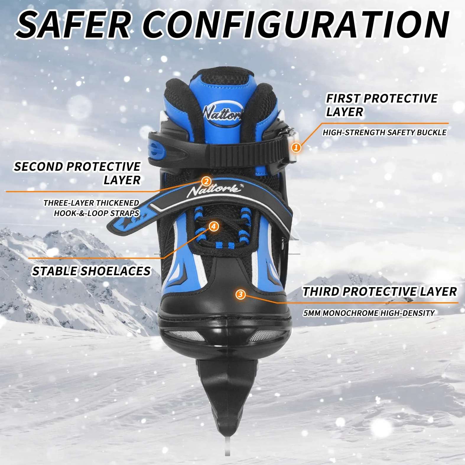 Nattork Patins à glace pour enfants, garçons et filles, patins de hockey à lacets réglables, rembourrage doux et support de cheville renforcé pour débutants