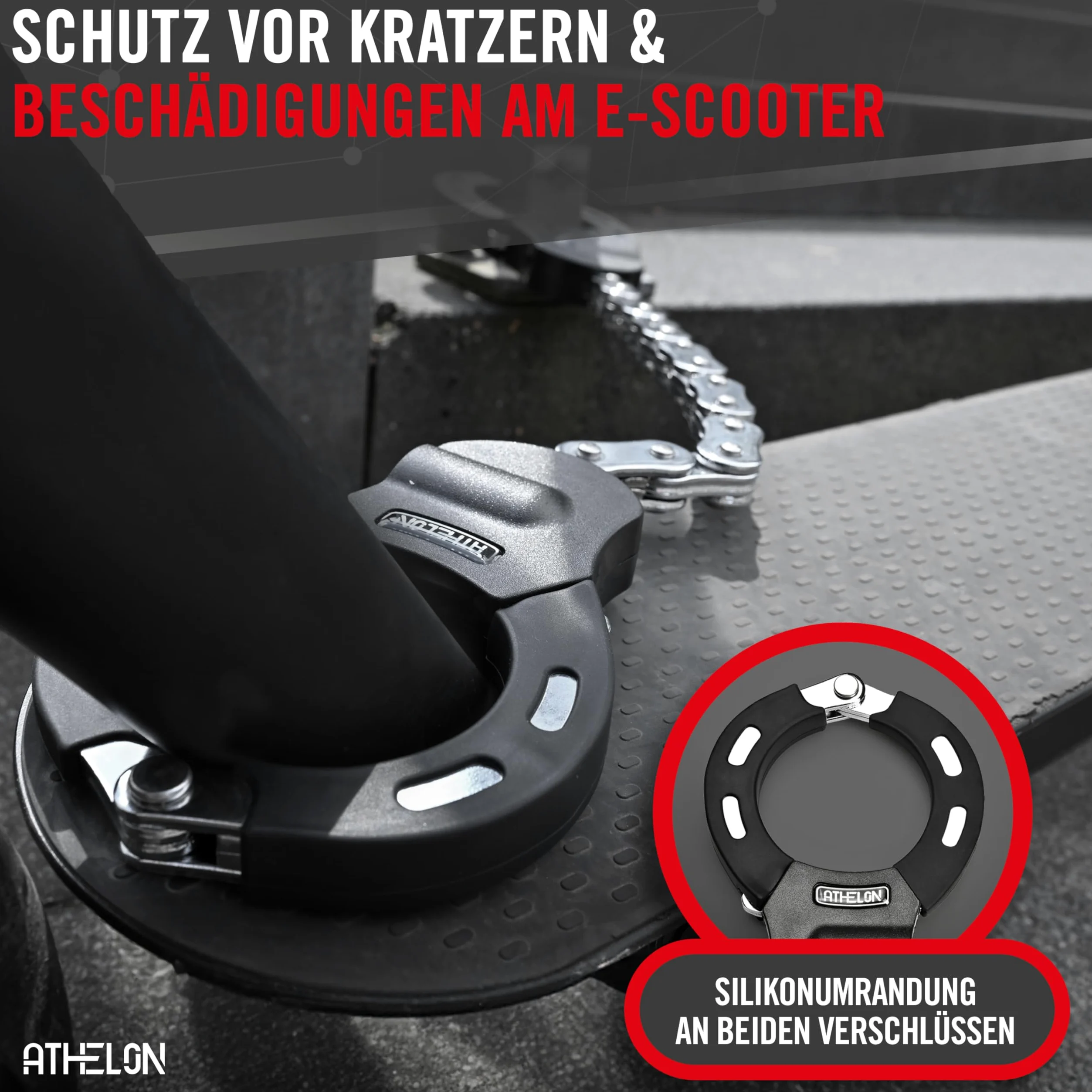 ATHELON Serrure pour scooter électrique [extra sûr] – Antivol à menottes long et résistant aux coupures pour scooter électrique avec protection anti-rayures avec accessoires [étui et 4 clés] – pour