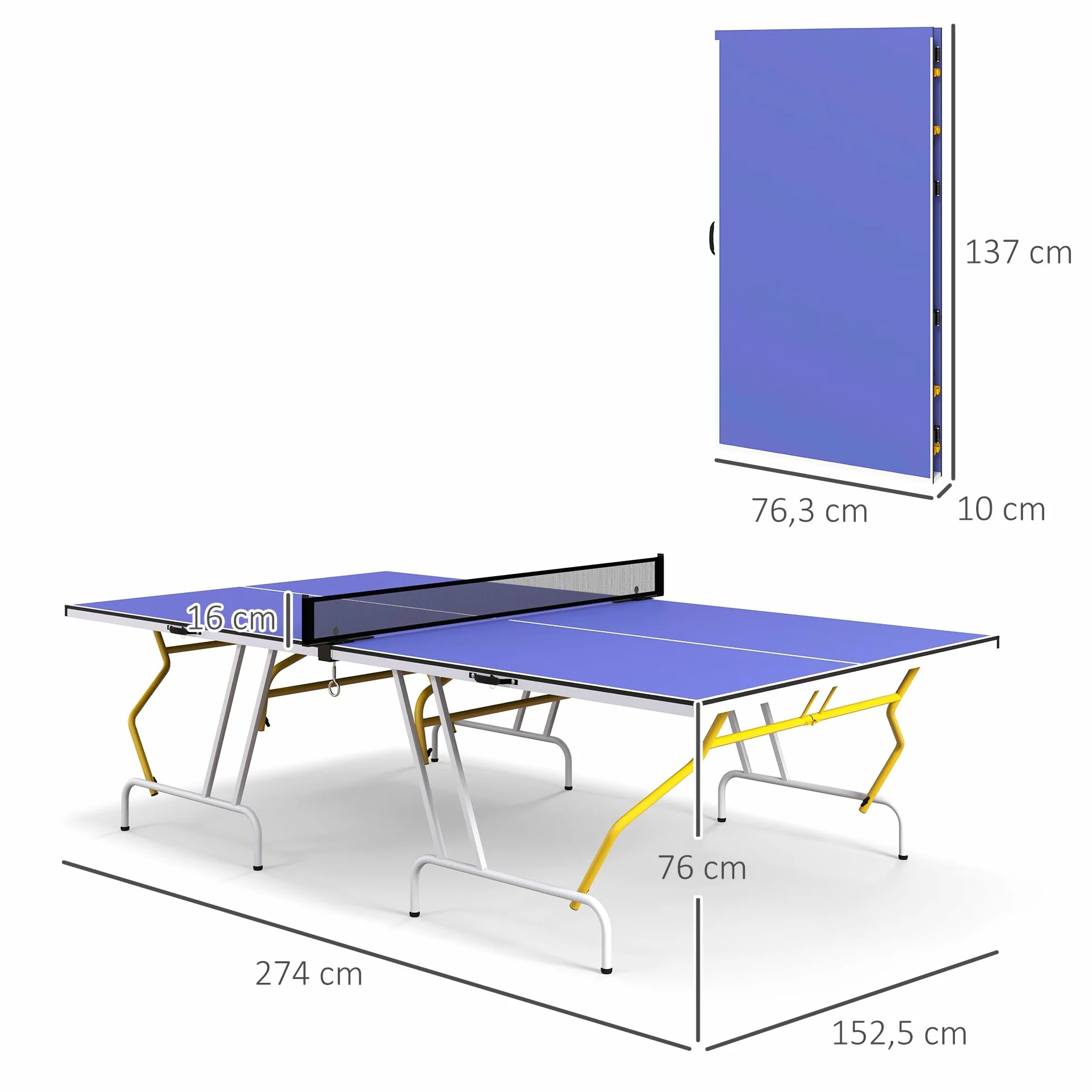 SPORTNOW Table de ping Pong Pliable en Quatre, Table de Tennis de Table intérieure, 2 Raquettes, 3 balles et Filet Inclus, 274 x 152,5 x 76 cm, Bleu