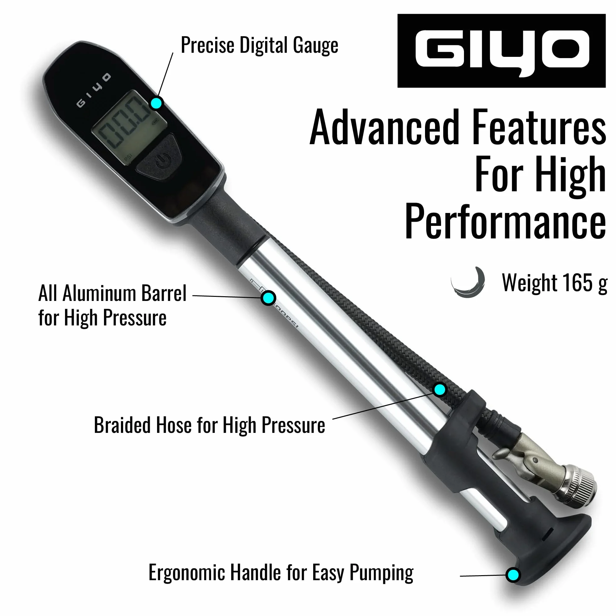 GIYO Pompe à choc 600 PSI – Assistance turbo, purgeur d'air micro, barillet aluminium, poignée confortable, tuyau tressé pour fourche