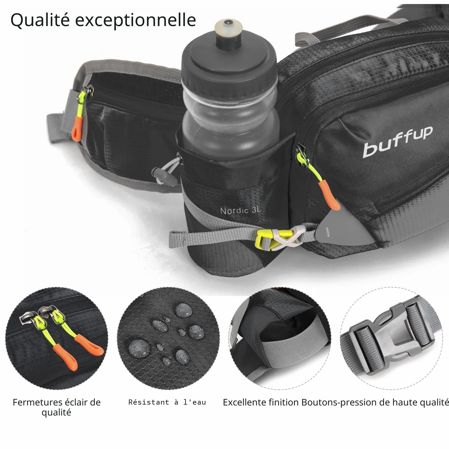 Sac Banane de Randonnée Femme Homme avec Pore Bouteille, Course à Pied, Vélo, Voyage Noir