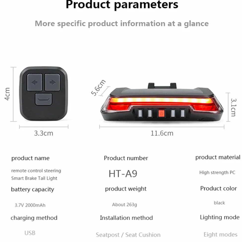 Feu arrière de vélo Rechargeable 2000 mAh avec Induction, feu Stop, LED, télécommande et Clignotants.