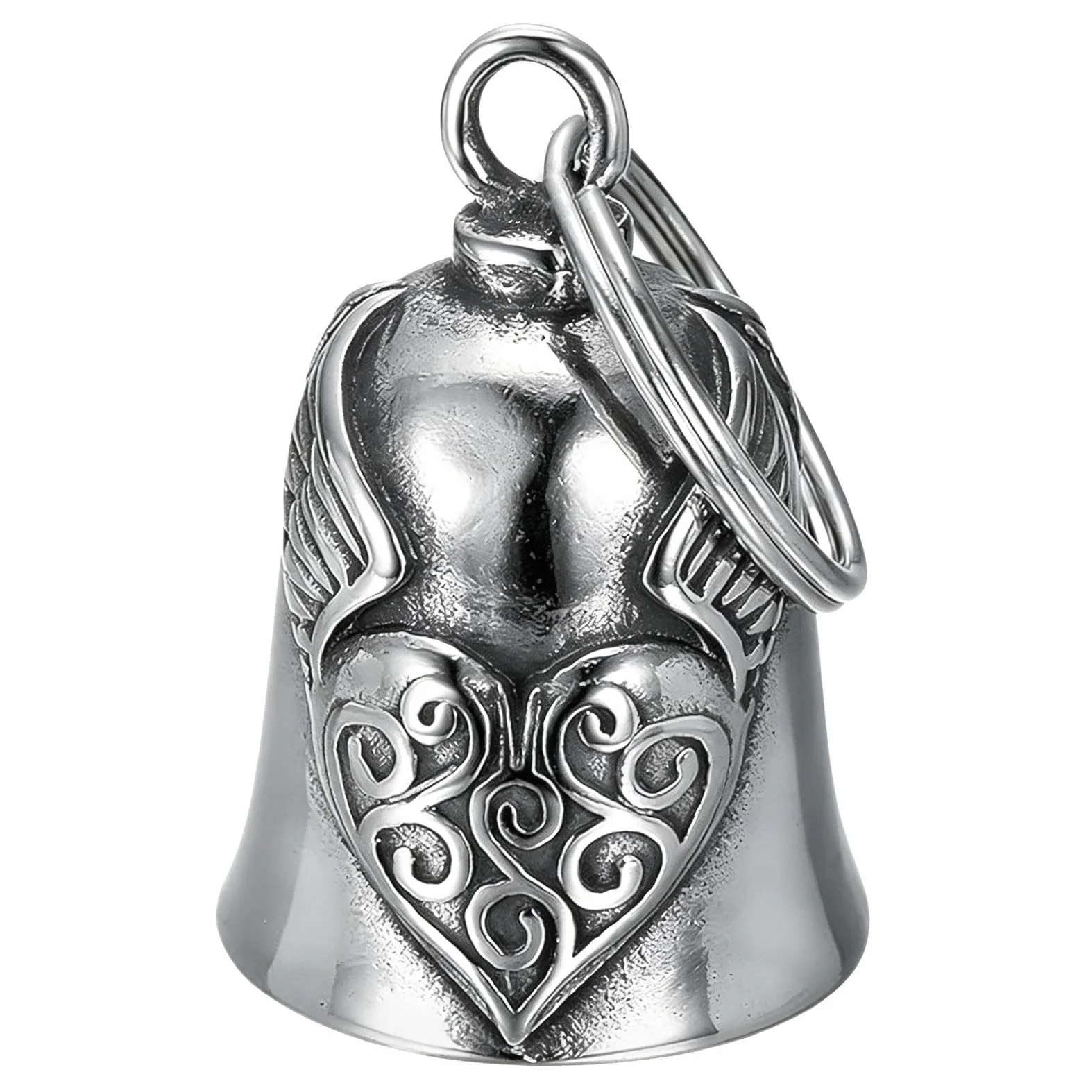 Clochette Moto Guardian Bell Porte-bonheur Ailes de Cœur, Pendentif en Acier Inoxydable pour Motard
