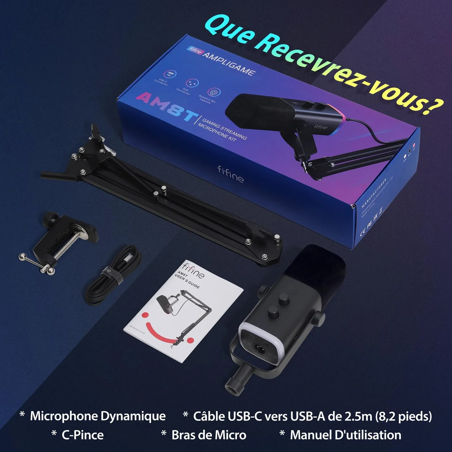 FIFINE USB/XLR Streaming Micro Gaming PC PS4 PS5, RGB Cardioïde Dynamique Microphone avec Support, pour Mixer Cartes Son, Podcasting, Enregistrement Vocal