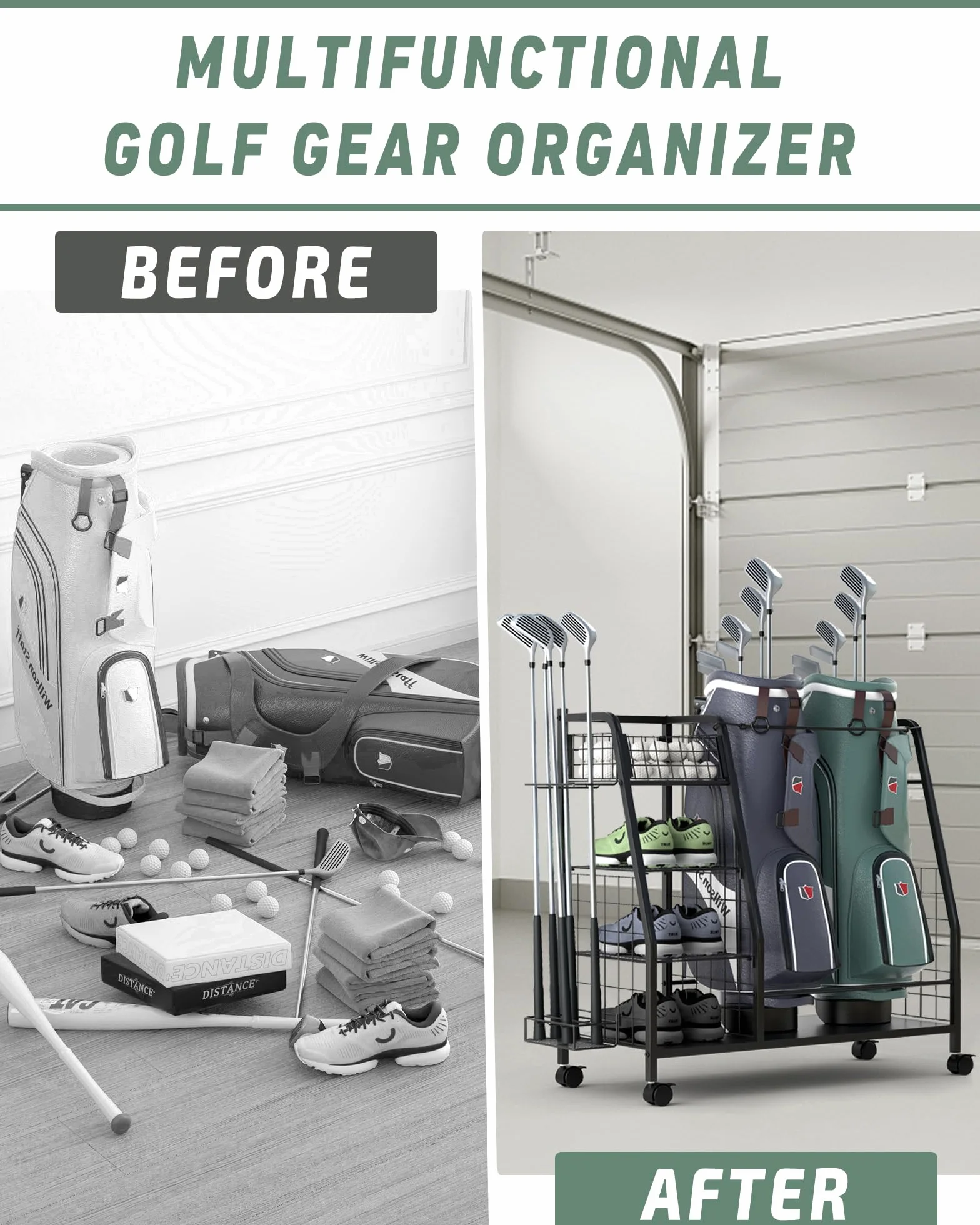 Support de Rangement pour Sac de Golf Double Organiseur avec Roues verrouillables