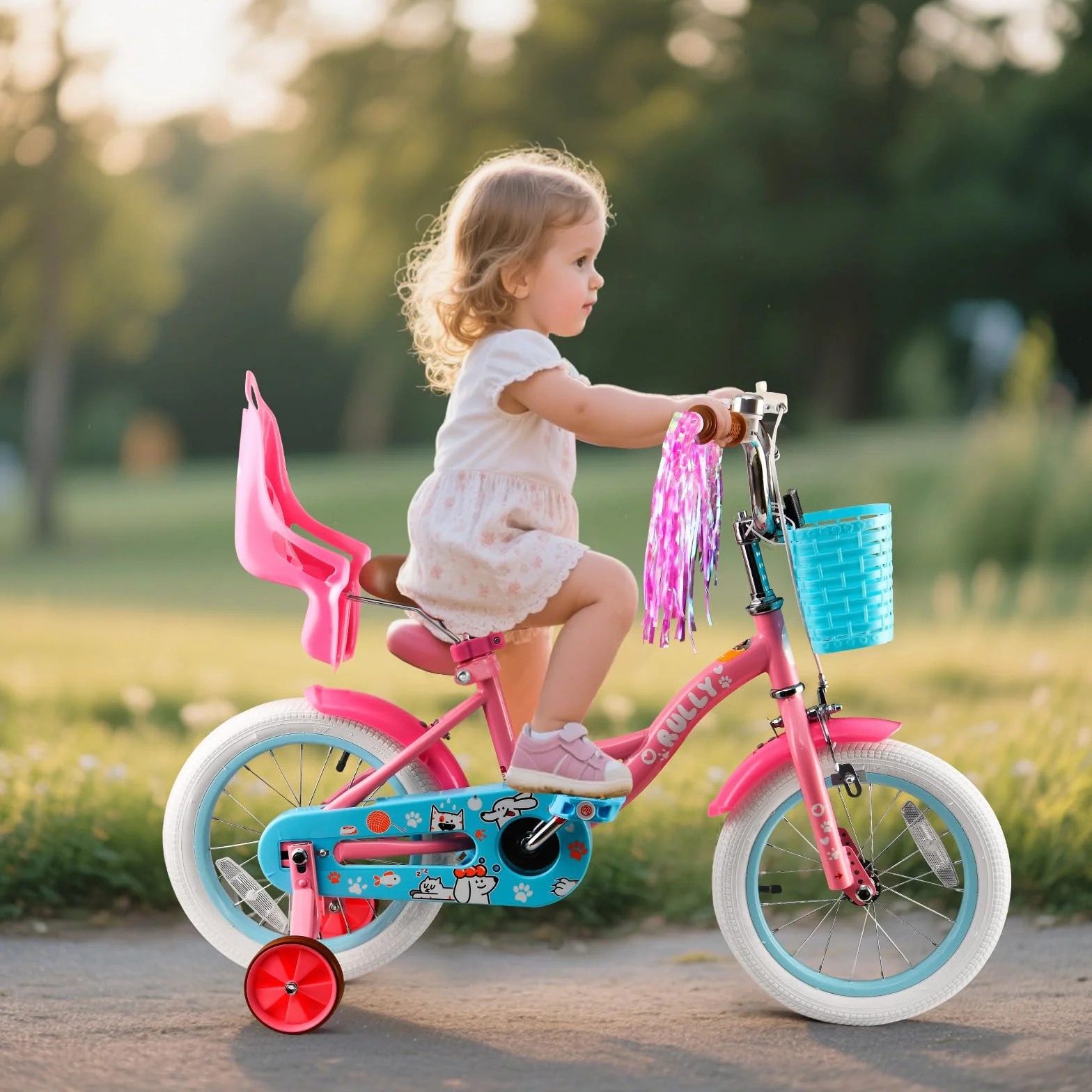 RULLY Vélo Fille 12–16 Pouces avec Roulettes Stabilisatrices, Panier et Siège Poupée – Vélo Enfant Multicolore 2–6 Ans