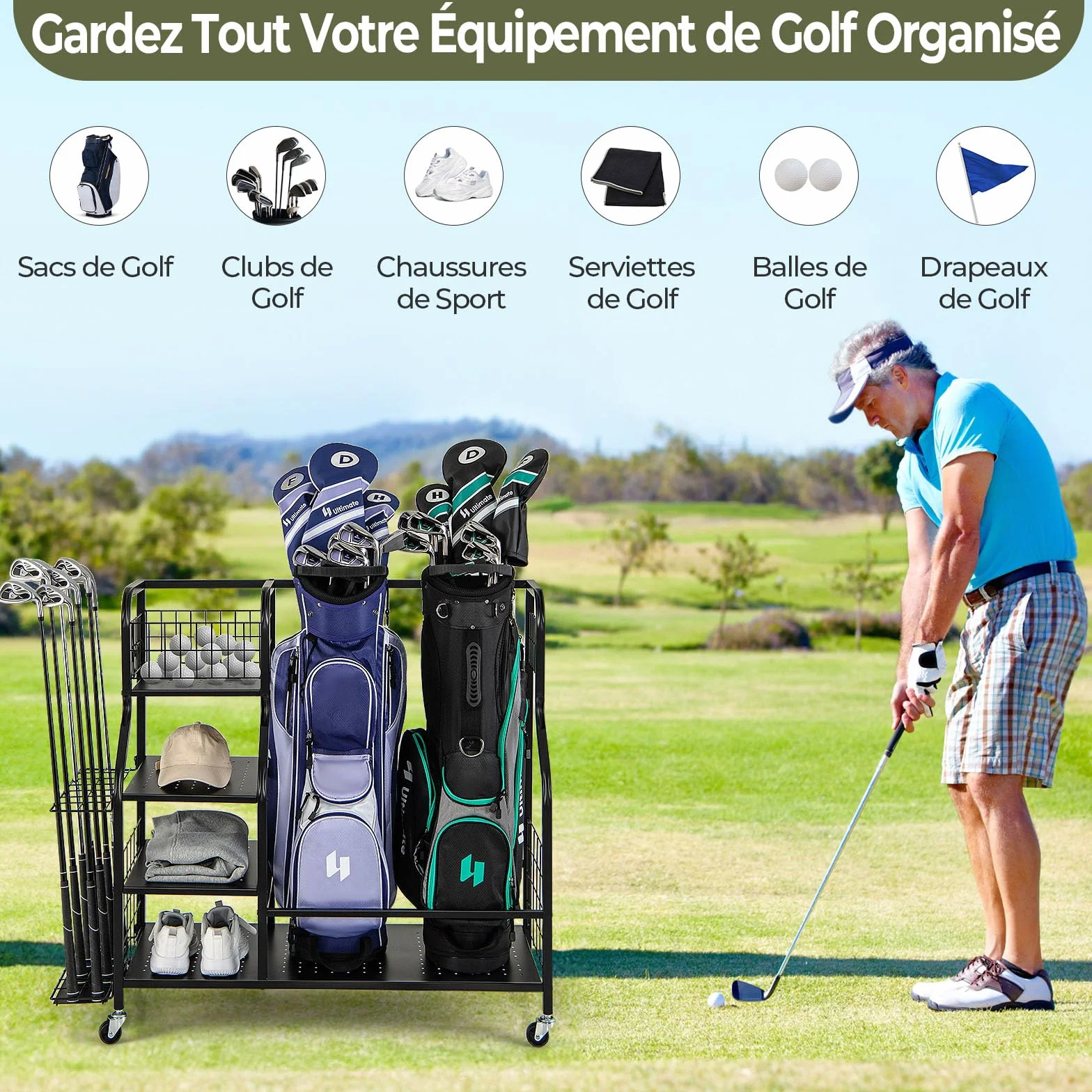 GYMAX Organisateur Rangement Clubs de Golf 4 Roues Verrouillables Étagère Crochets