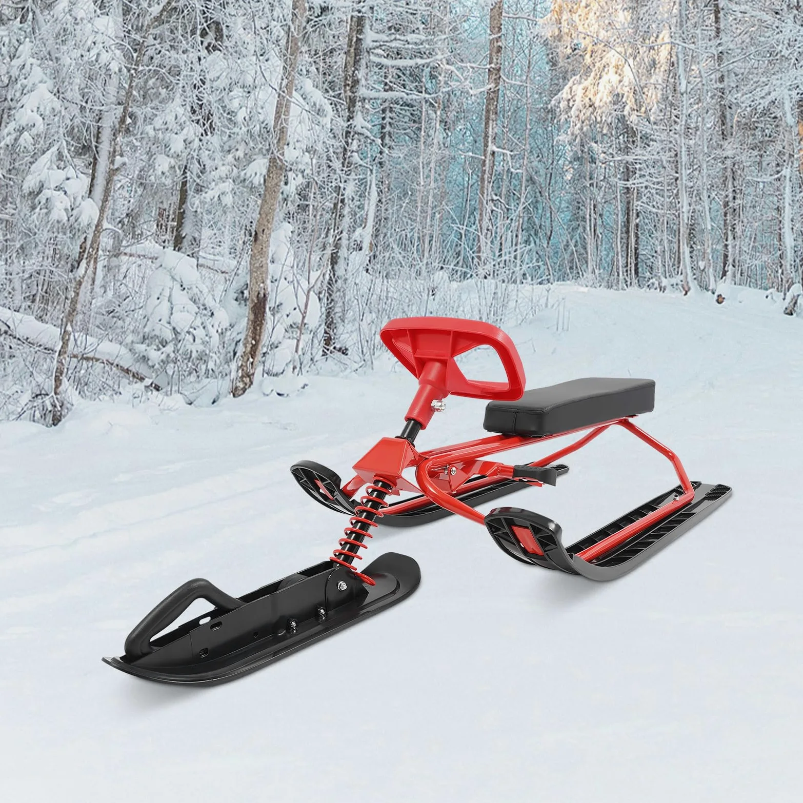 Luge de ski pour enfants avec volant et frein, 50 × 120 × 38 cm, 100 kg, rouge + noir, siège en polyuréthane, luge d'hiver avec ressort et corde de traction, pour enfants, adolescents et adultes à