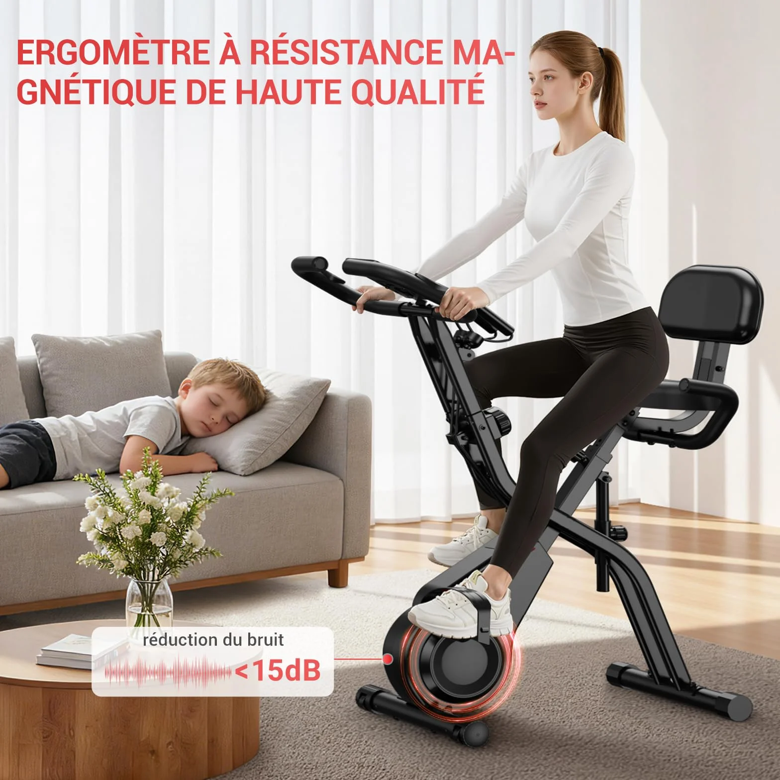 Vélo d'appartement pliable CURSOR 5-en-1, résistance silencieuse 16 niveaux, écran LED, cardiofréquencemètre