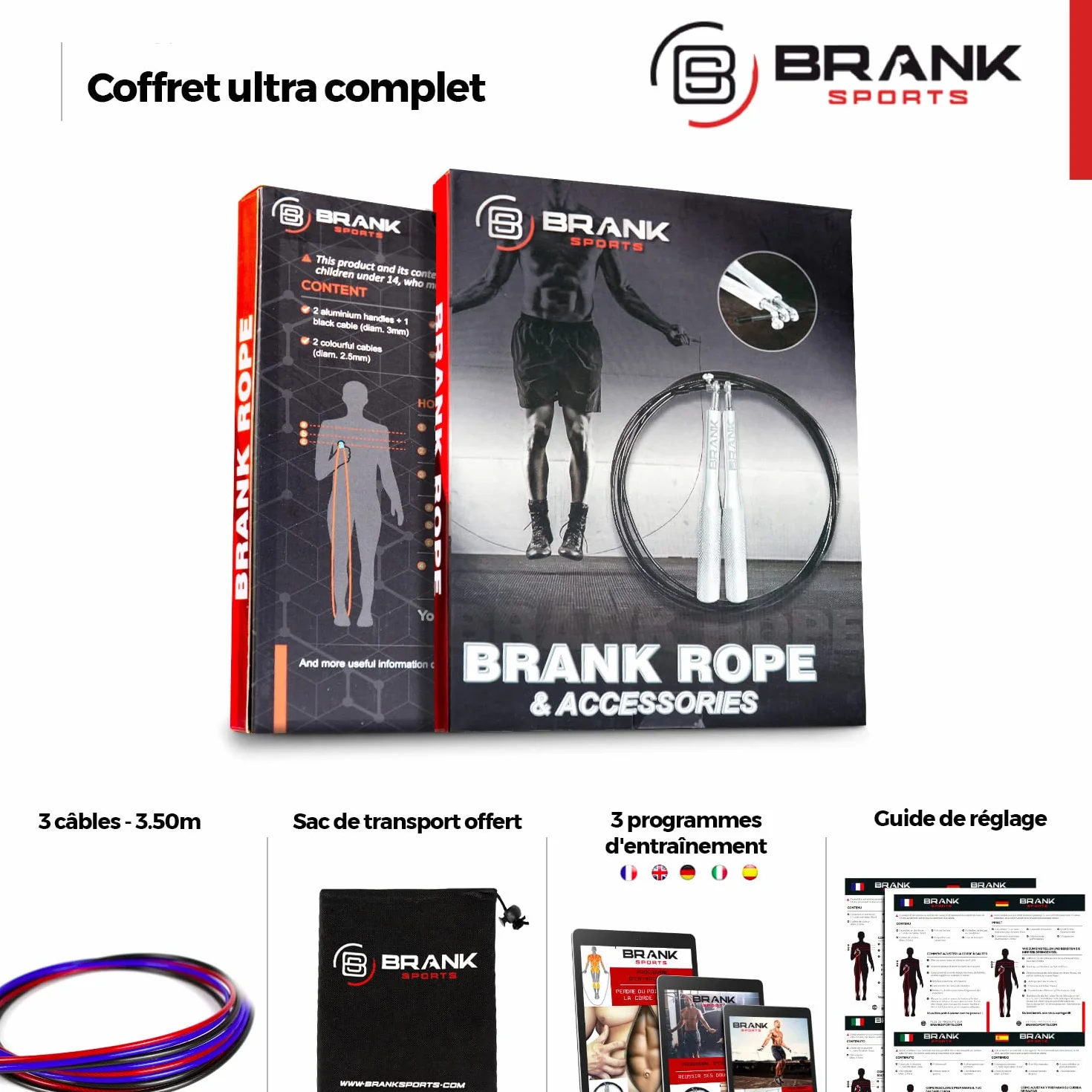 Corde à Sauter Crossfit Réglable Aluminium, Roulements à Billes, 3 Câbles Acier