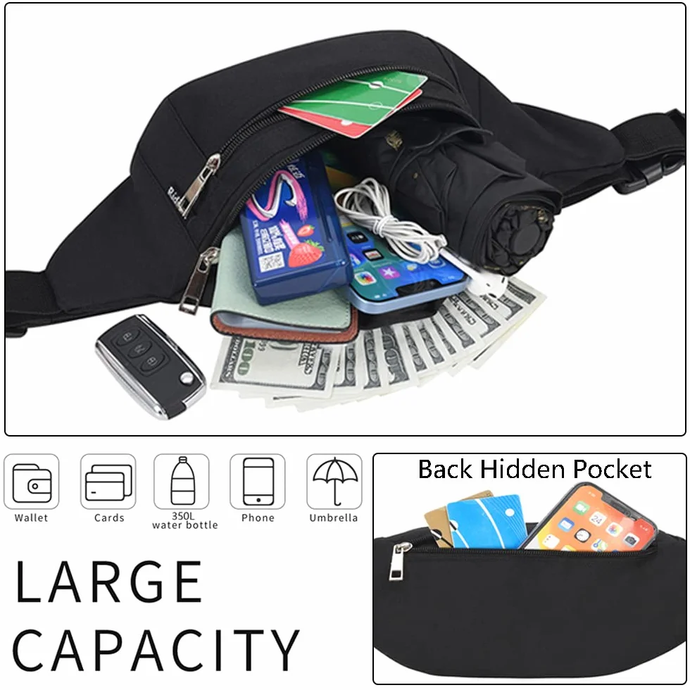 Sac Banane, Sac à la Taille Ceinture de Course Homme Femme Sacoche Banane Etanche Réglable pour Cyclisme Gym Balade Escalade Voyage Randonnée Vacances (Noir)