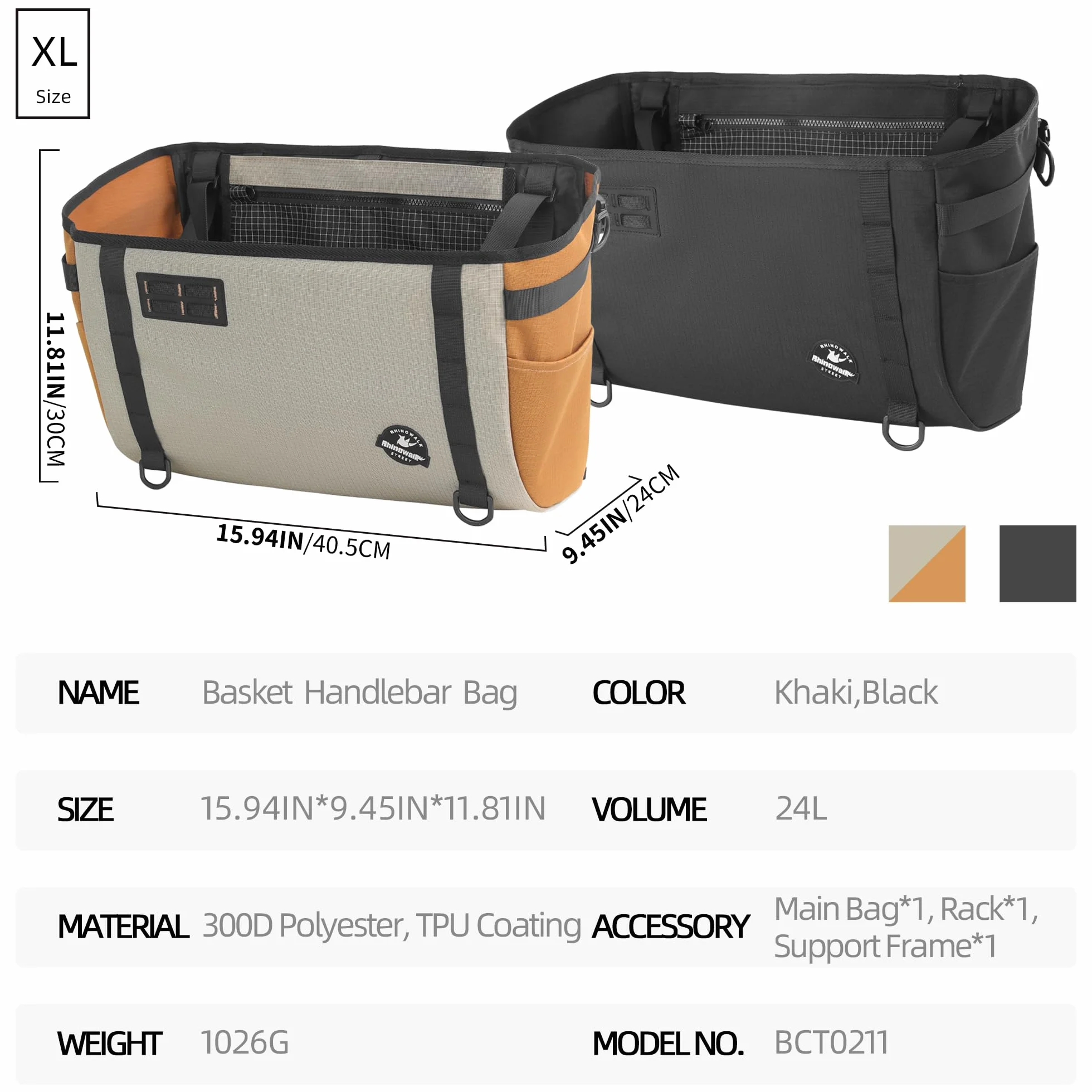 Rhinowalk Sac de panier avant de vélo pour vélos pliants Brompton & Dahon – Sacoche de guidon de 24 l avec fermeture rapide, cadre en aluminium, poche avant avec compartiment pour tablette (noir 24 l)
