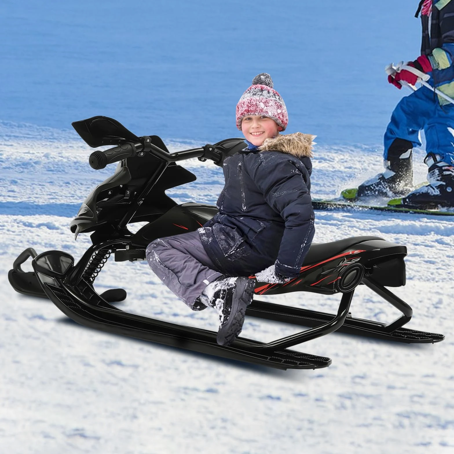 Luge de direction pour enfants avec freins, idéale pour les sports de neige en polyéthylène et fer, convient aux enfants de plus de 3 ans, avec rembourrage réglable et capacité de charge stable