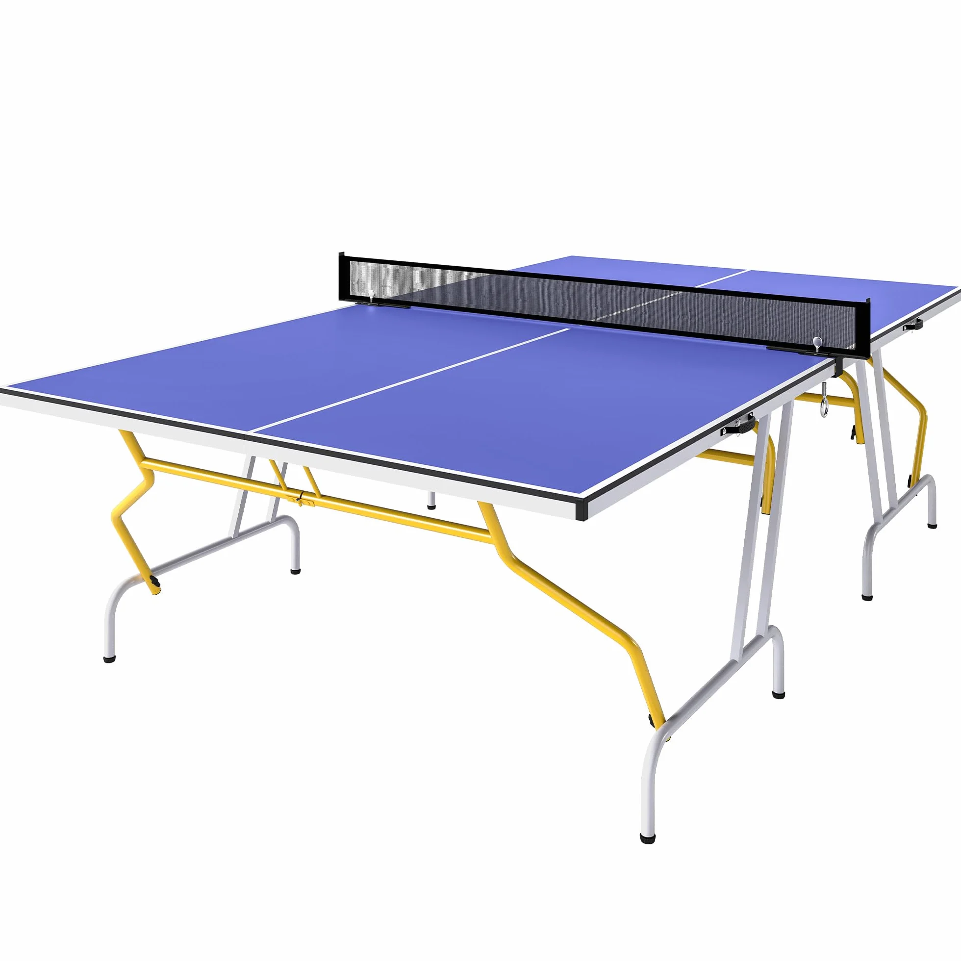 SPORTNOW Table de ping Pong Pliable en Quatre, Table de Tennis de Table intérieure, 2 Raquettes, 3 balles et Filet Inclus, 274 x 152,5 x 76 cm, Bleu