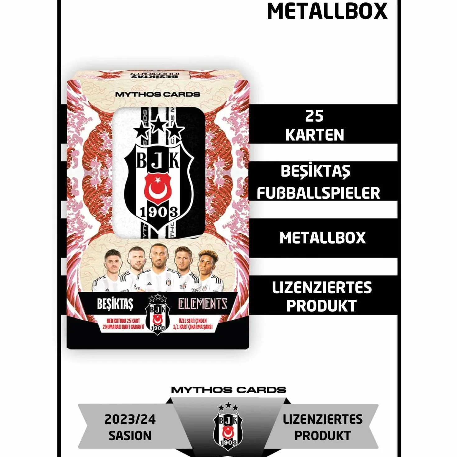 Beşiktaş Mythos Cartes à Collectionner 2023/24 Lot de 25 Cartes Métal avec 2 Cartes Numérotées Licence Officielle