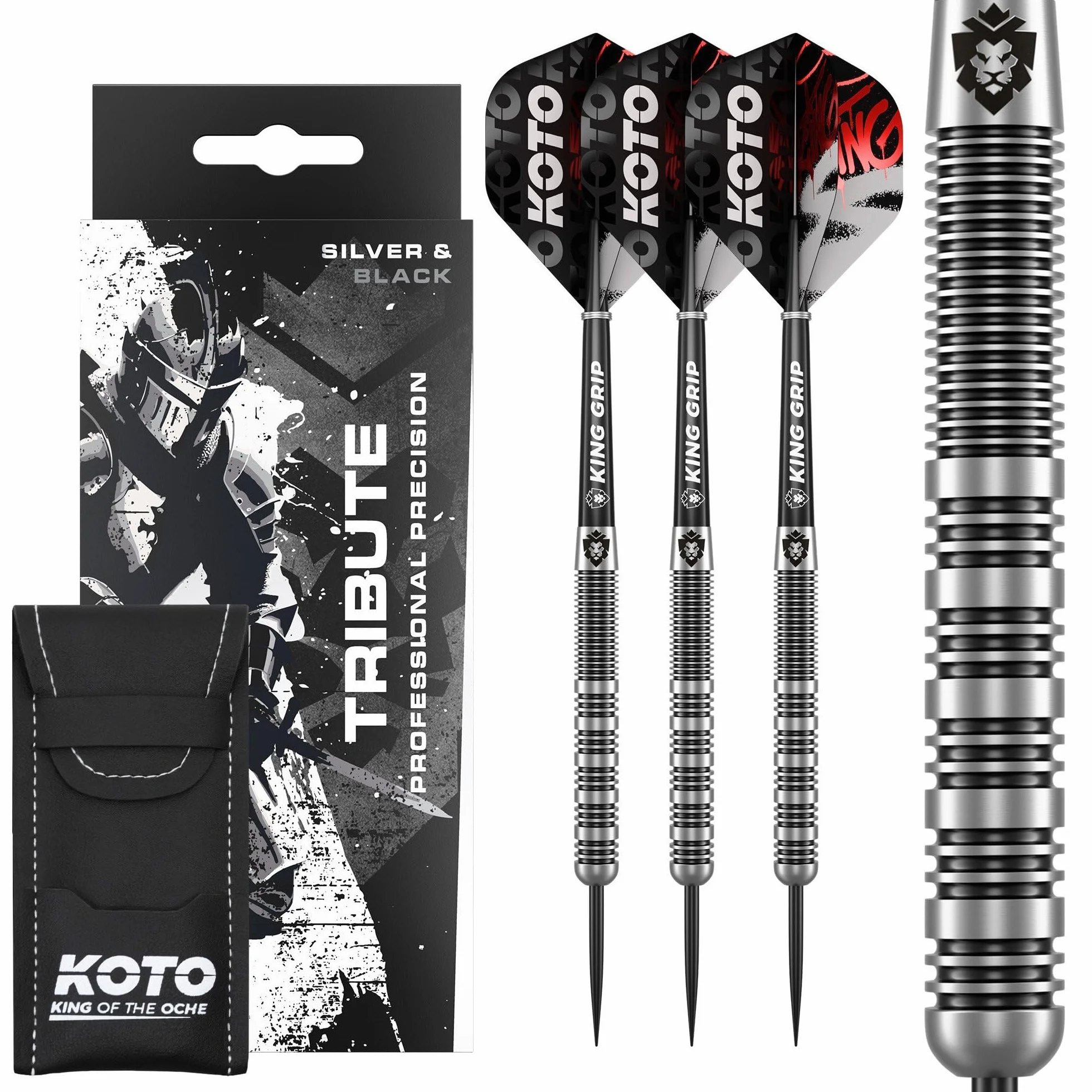 KOTO Lot de 3 fléchettes avec barils, ailettes, tiges, porte-fléchettes, grip fixe Argenté et noir