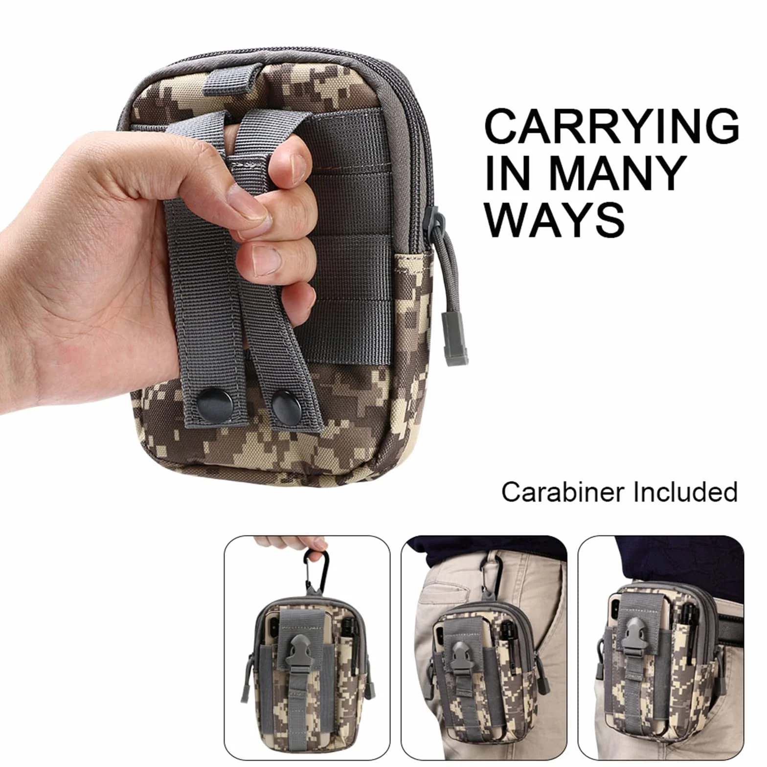 Flintronic Sac Tactique Ceinture Nylon Noir Molle EDC Gadget pour Téléphone Plein Air Randonnée Alpinisme Cyclisme avec Mousqueton