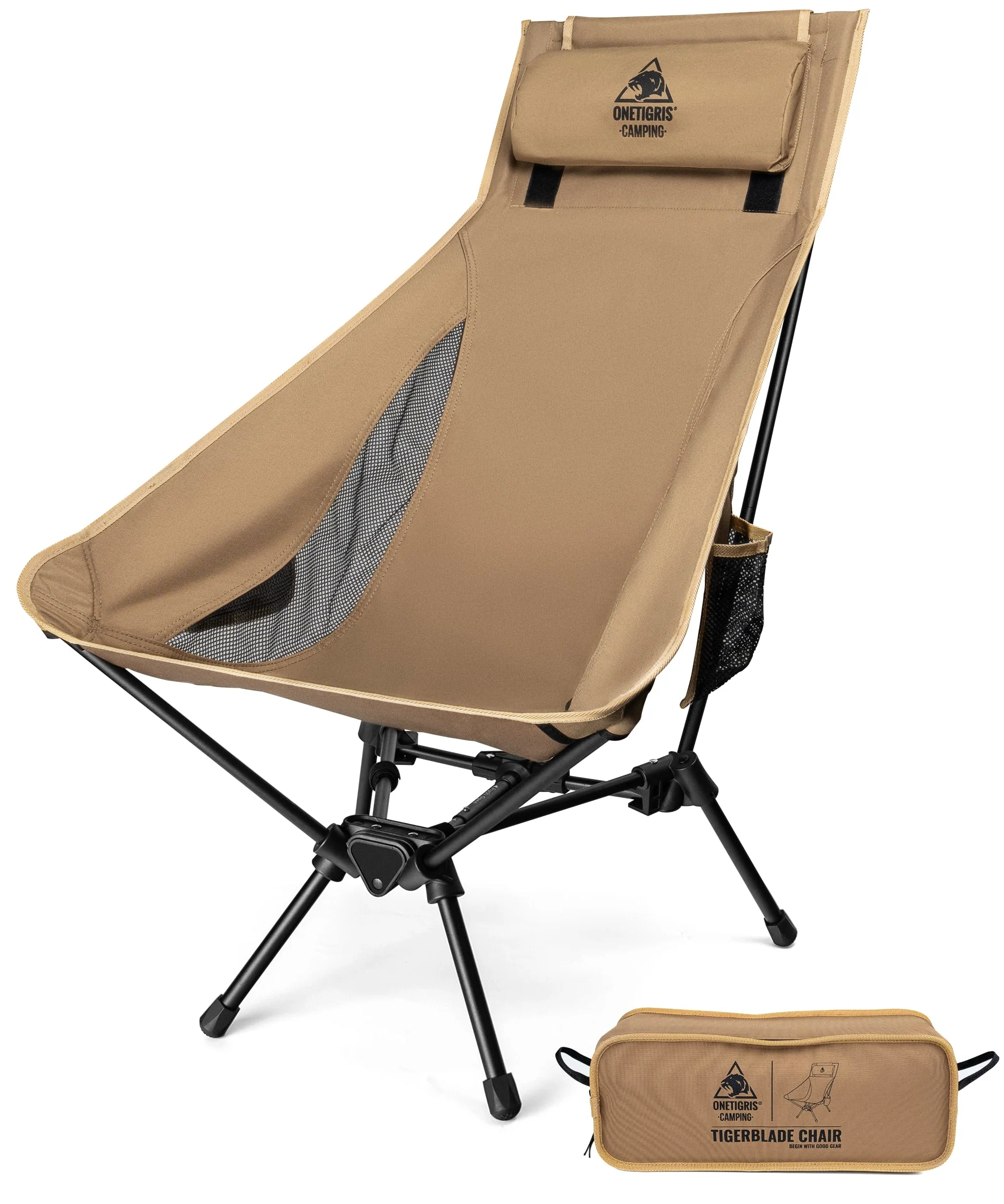 OneTigris Chaise de camping Tigerblade à dossier haut, capacité de charge 170 kg, cadre en aluminium, pliable, portable, taille adulte, pour l'extérieur