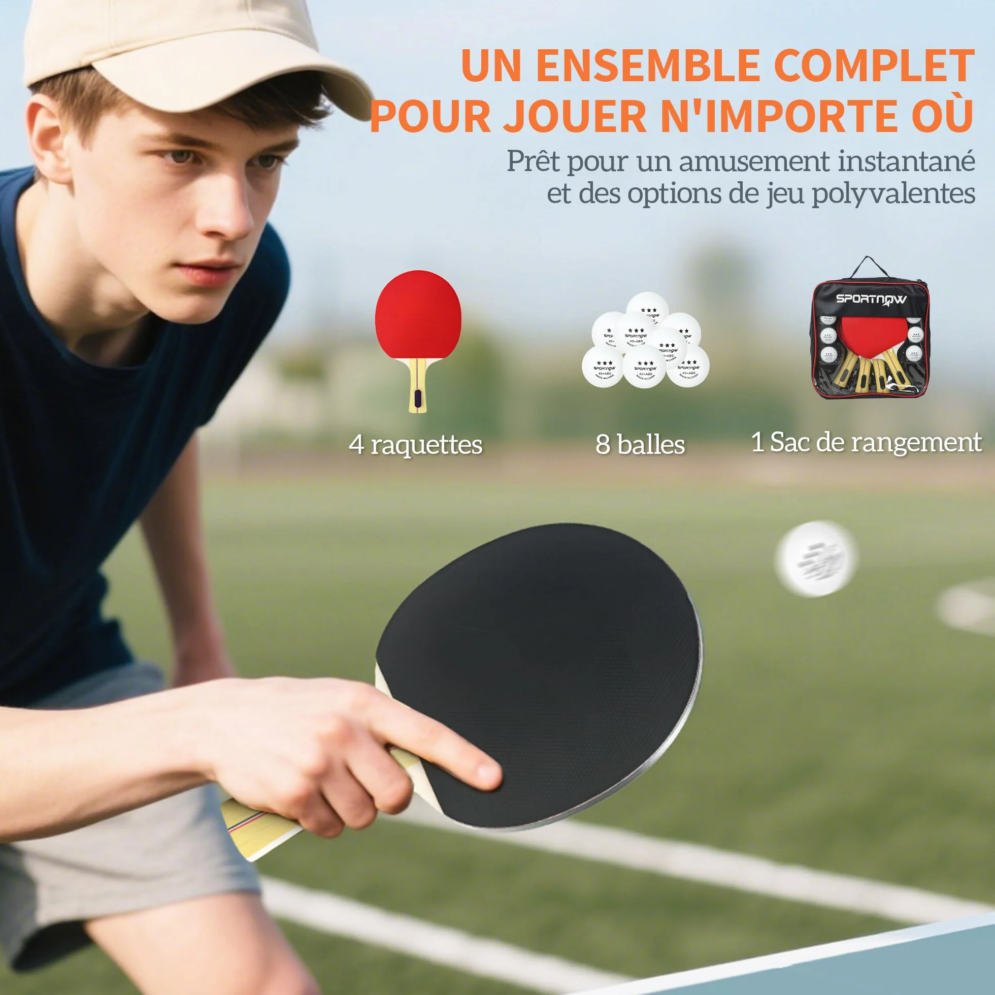 SPORTNOW Lot Raquettes Ping-Pong Tennis Table 4 Raquettes 8 Balles 1 Sac