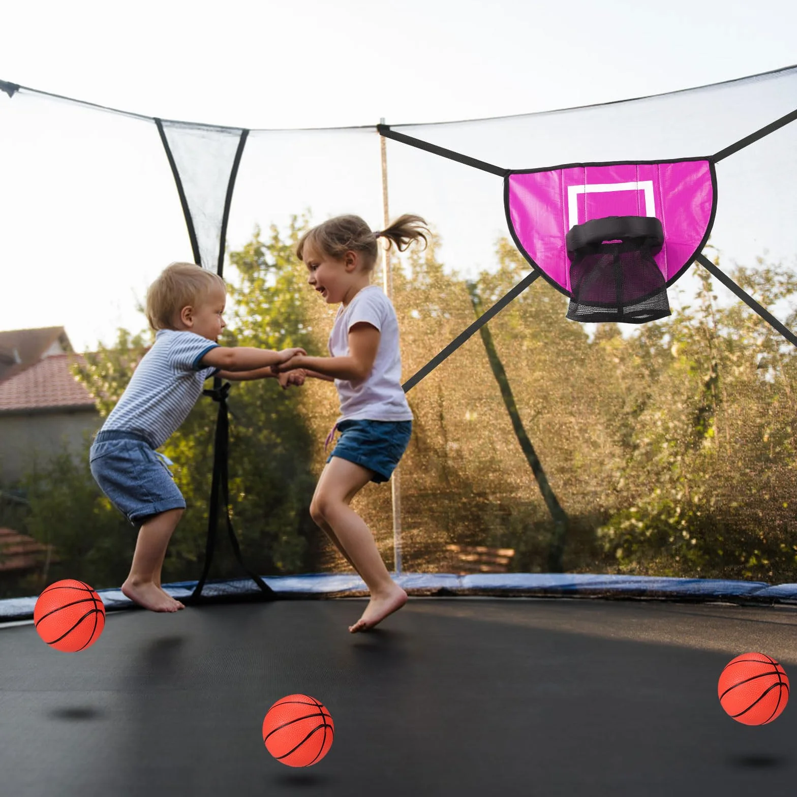 Ensemble de Fixation Panier Basket-Ball Trampoline avec 3 Mini Ballons et Pompe, Rose