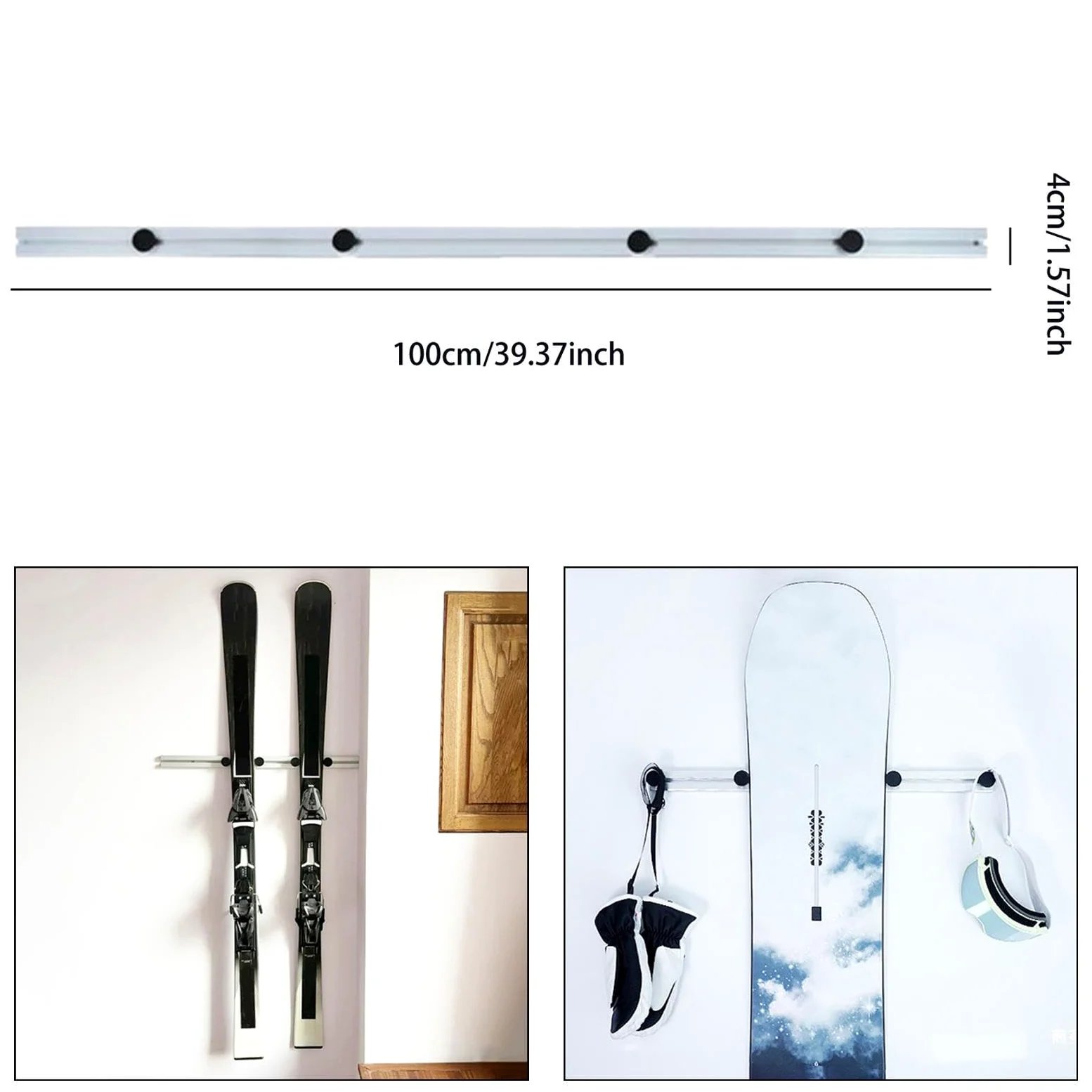 Milageto Support Mural pour Skis, Skateboard, Planche de Surf, Rangement pour Garage, équipement de Ski, Snowboard, avec 4 Chevilles de Fixation