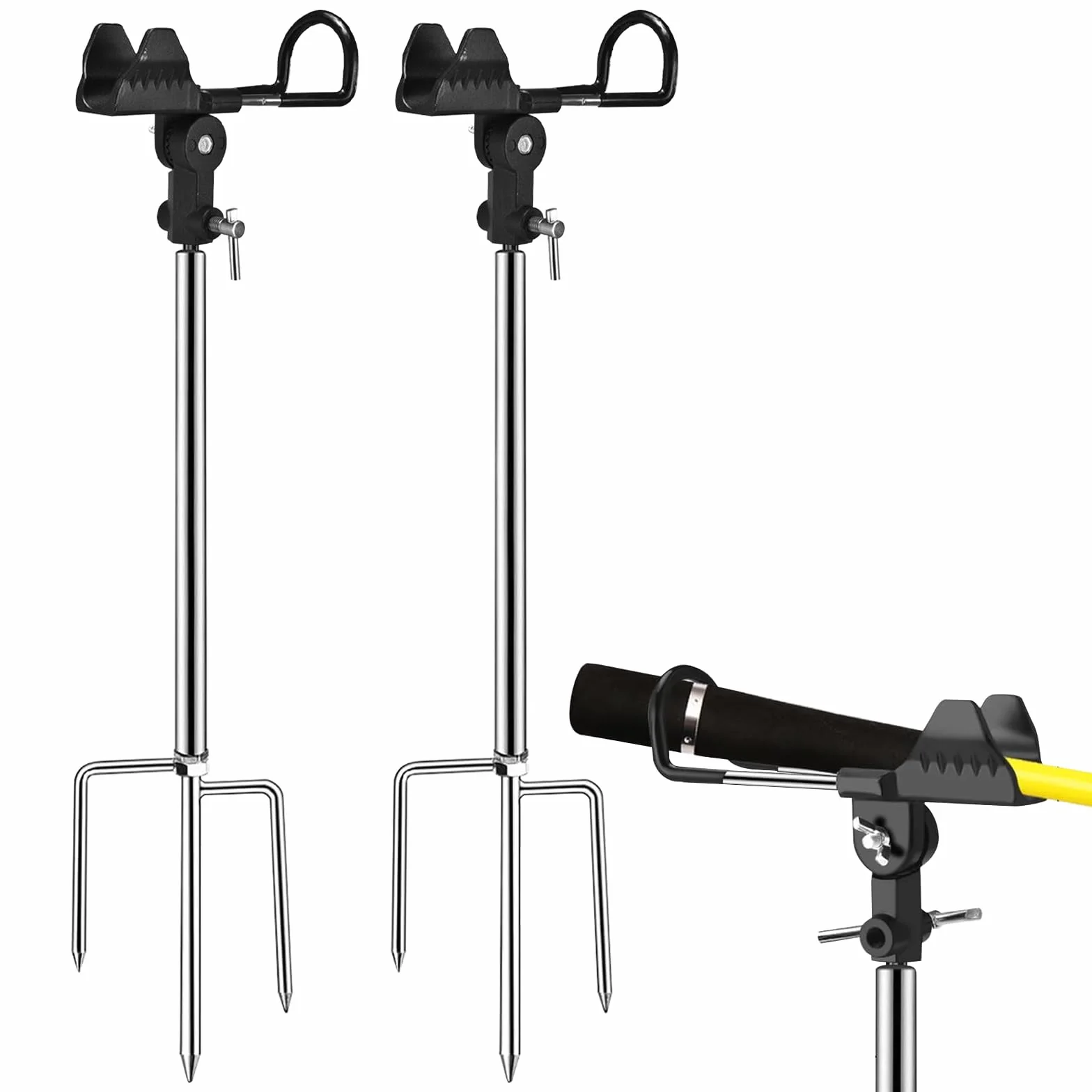 Support Canne à Pêche 2 Pièces Acier Inoxydable 360° Réglable Noir