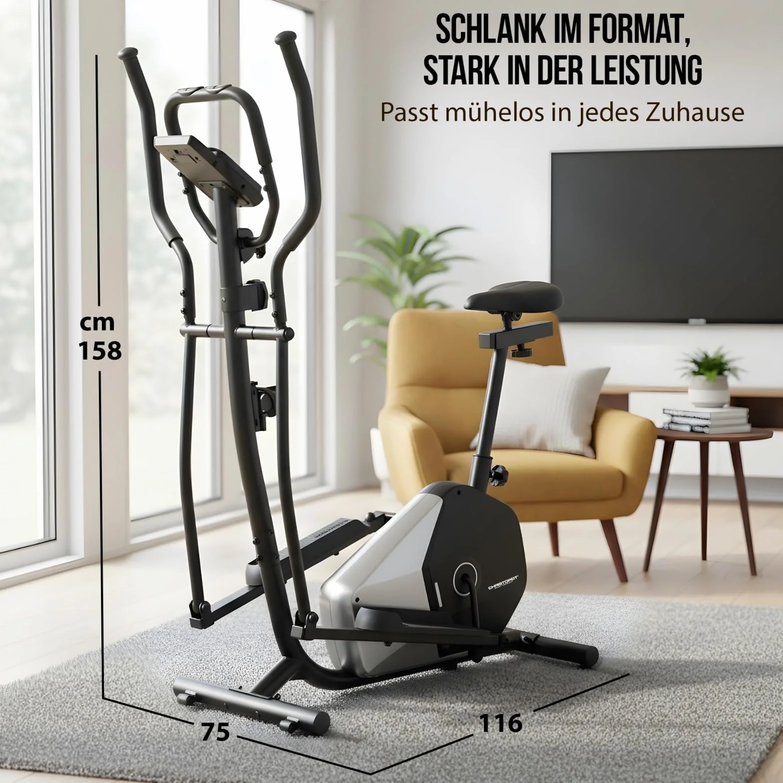Christopeit Vélo elliptique CT 6 2 en 1 frein magnétique 7kg 8 niveaux résistance capteurs pouls support tablette