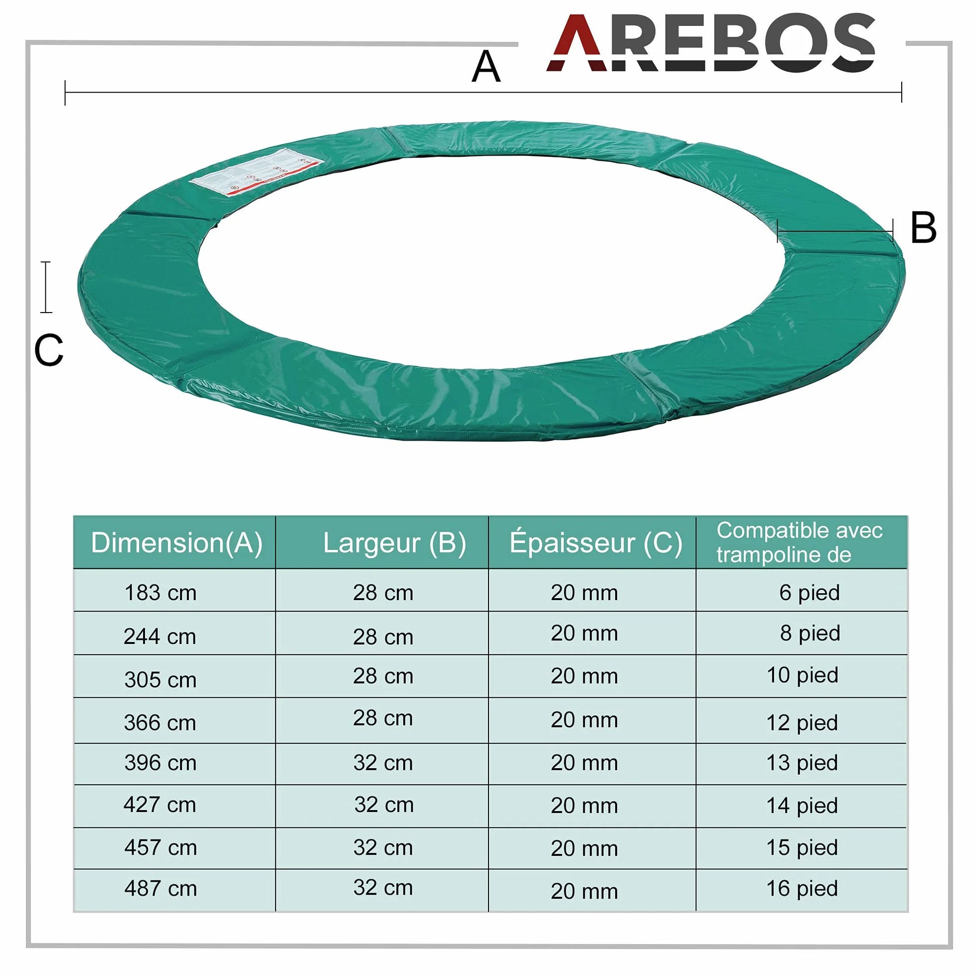 Arebos Protection de Ressort de Couverture de Bord de Trampoline 396 cm PVC PE résistant à la déchirure résistant aux UV