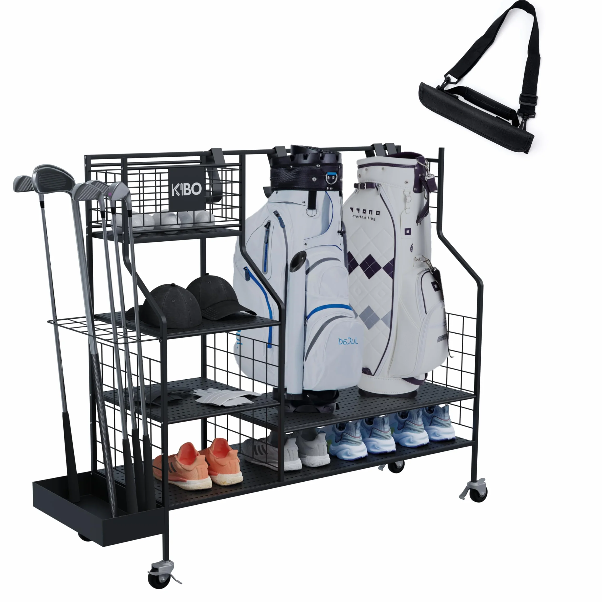 KIBO Organiseur de golf – Support de rangement noir avec roulettes, présentoir de garage pour accessoires de golf