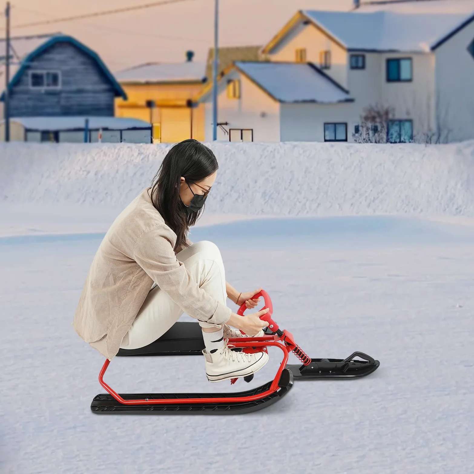 Luge de ski et snowboard - Jusqu'à 100 kg - Pour enfants, adolescents et adultes - Avec volant - Rouge