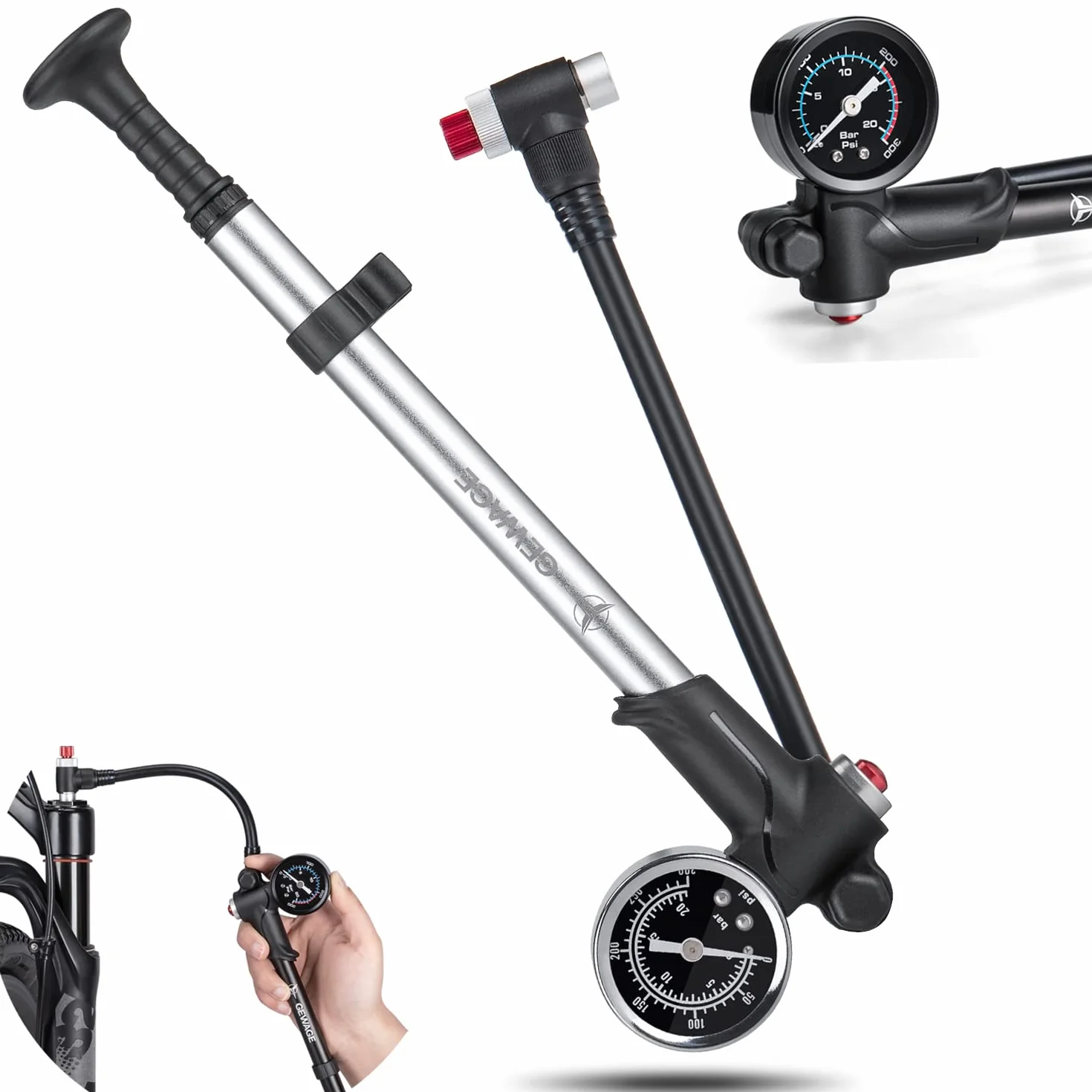 Pompe à Choc Haute Pression GEWAGE Max 300 PSI 2 en 1 pour VTT et Suspension arrière