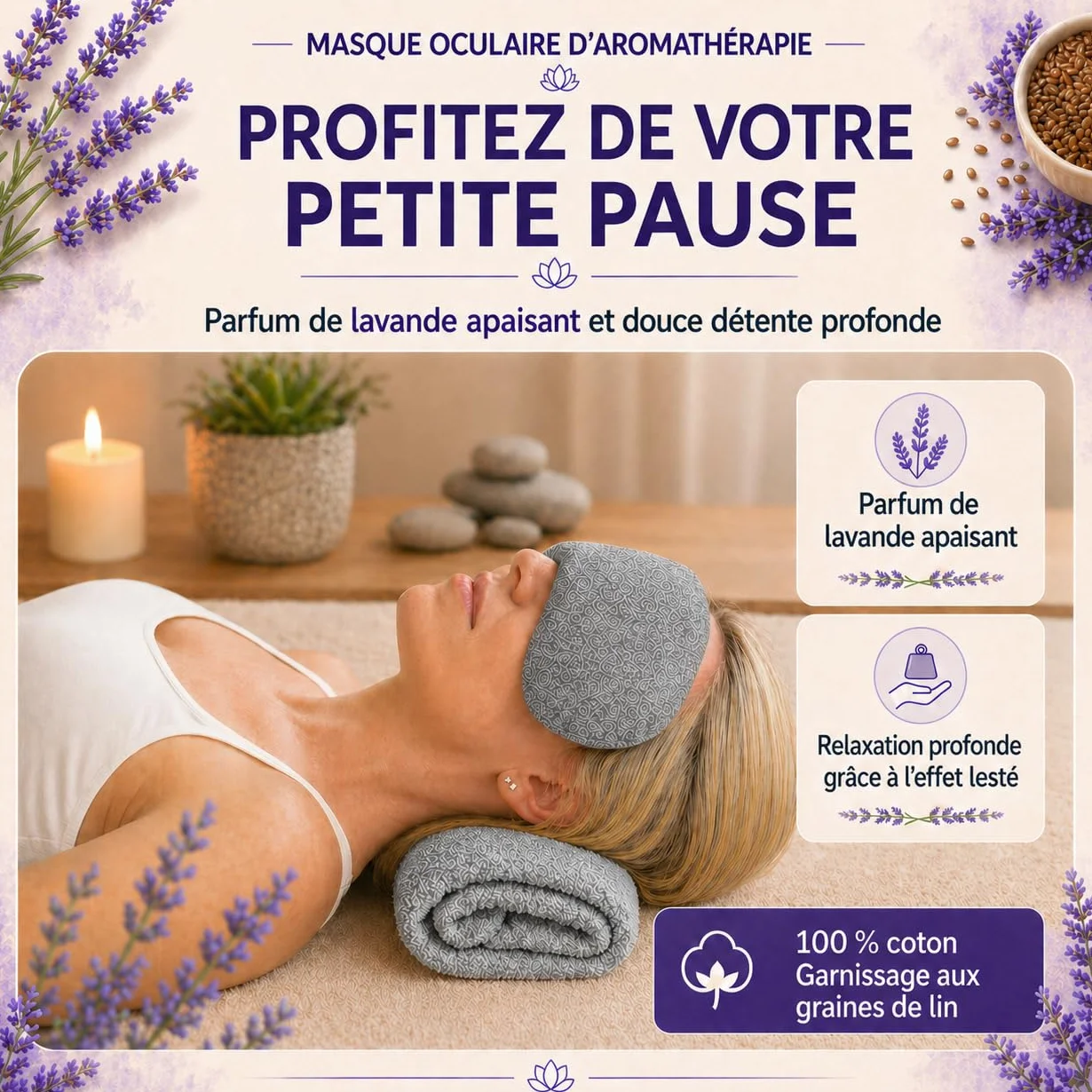 Coussin pour Les Yeux avec garnissage en graines de Lin et Lavande - Masque Yeux détente Yoga méditation