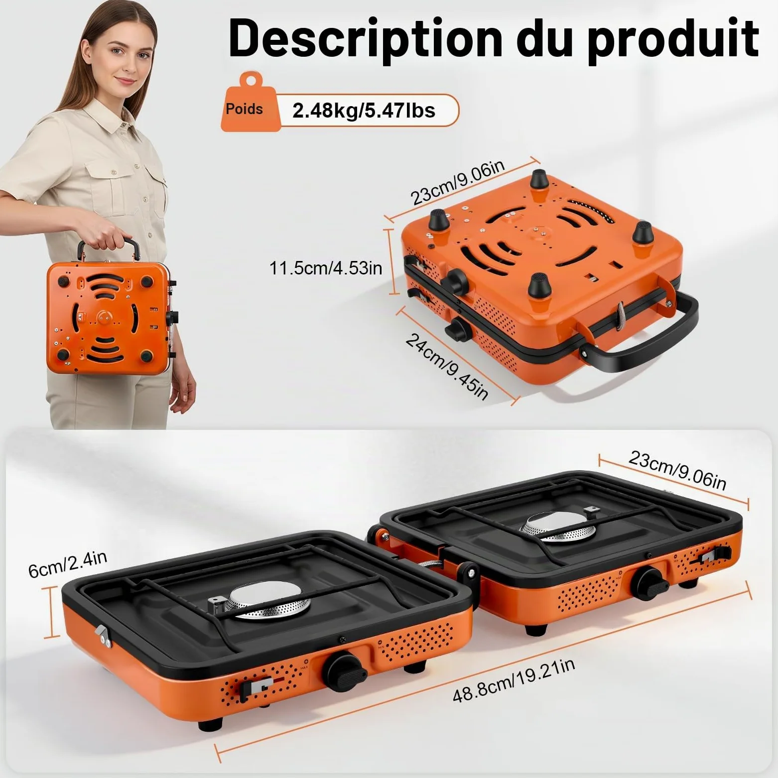Réchaud de Camping Portable 2 Brûleurs 4400W, Cuisinière à Gaz Puissante pour Cuisson en Extérieur, Réchaud Pliable avec Allumage pour Randonnée Pique-nique Voyage
