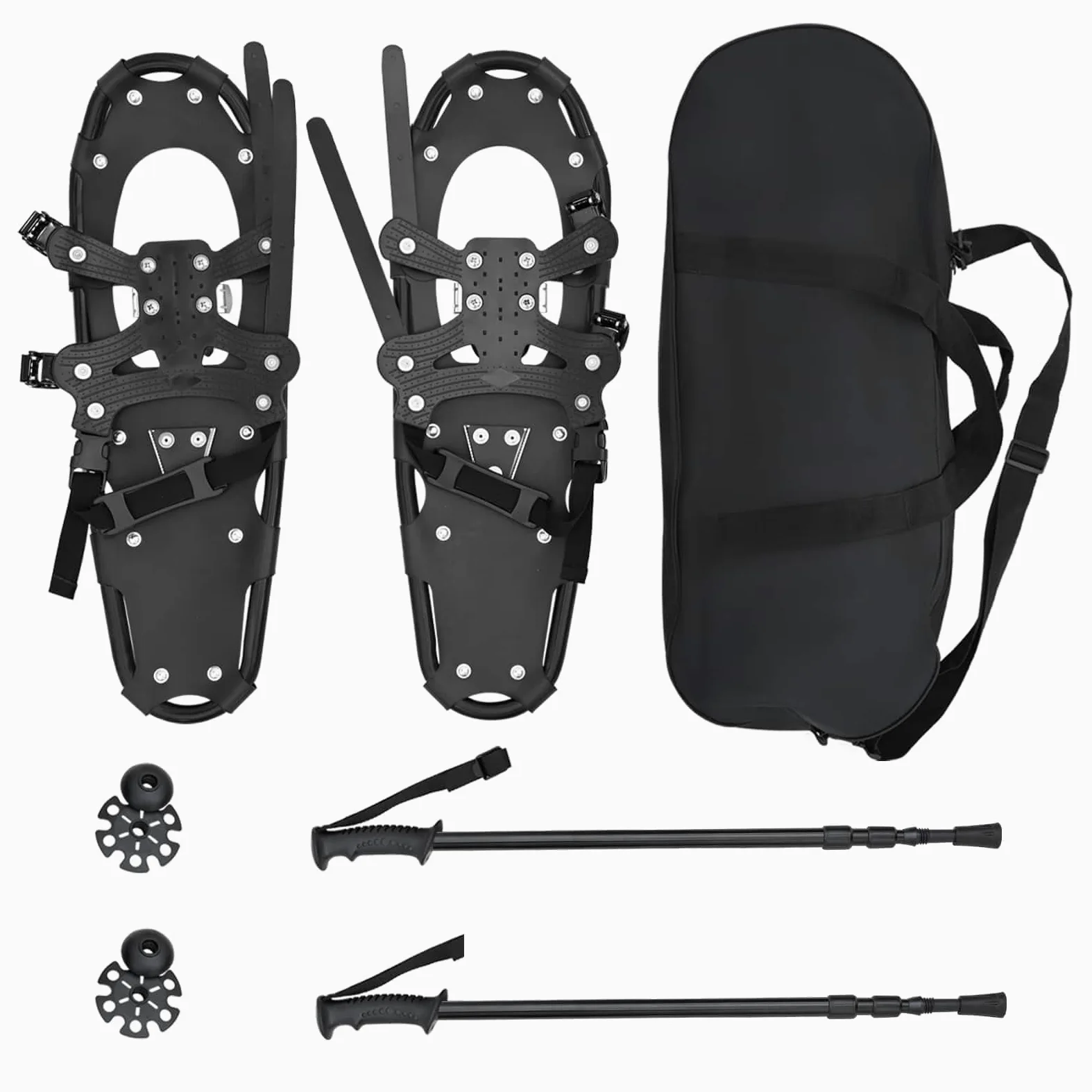 Lot de raquettes à neige avec bâtons de randonnée réglables et sac de transport, cadre en aluminium, raquettes à neige antidérapantes pour pointures 38-48, argenté/noir