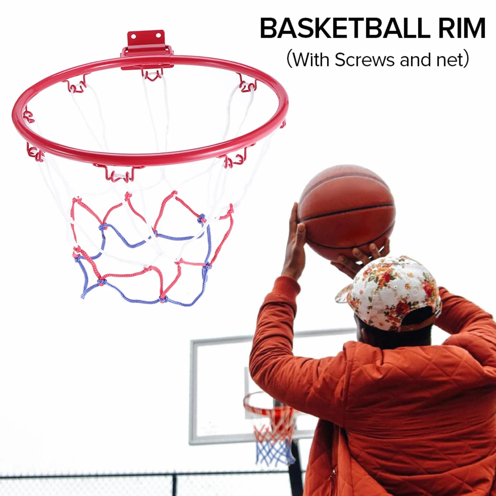 Panier de Basket-Ball Mural 32 cm Filet Jante Métal avec Vis Intérieur Extérieur