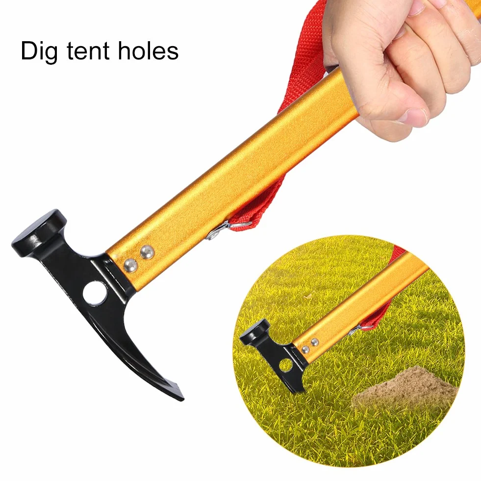 Marteau de camping en alliage d'aluminium portable, marteau de piquet de tente avec extracteur (Or)