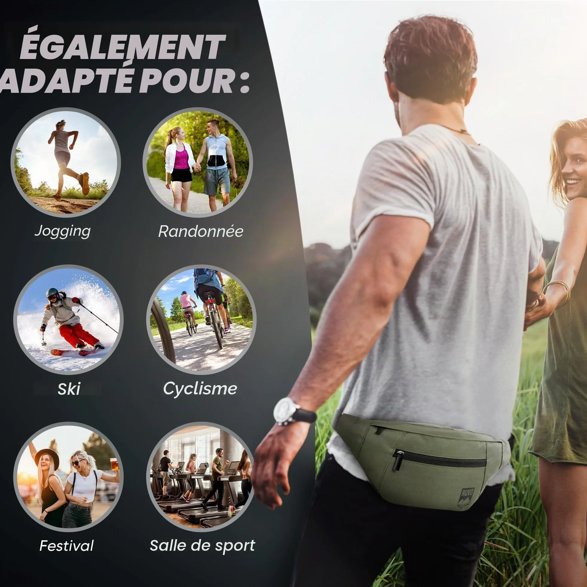 RUVO® sac banane élégant - 4 compartiments, fermeture éclair - rangement maximal pour toutes les activités, Olive, taille unique