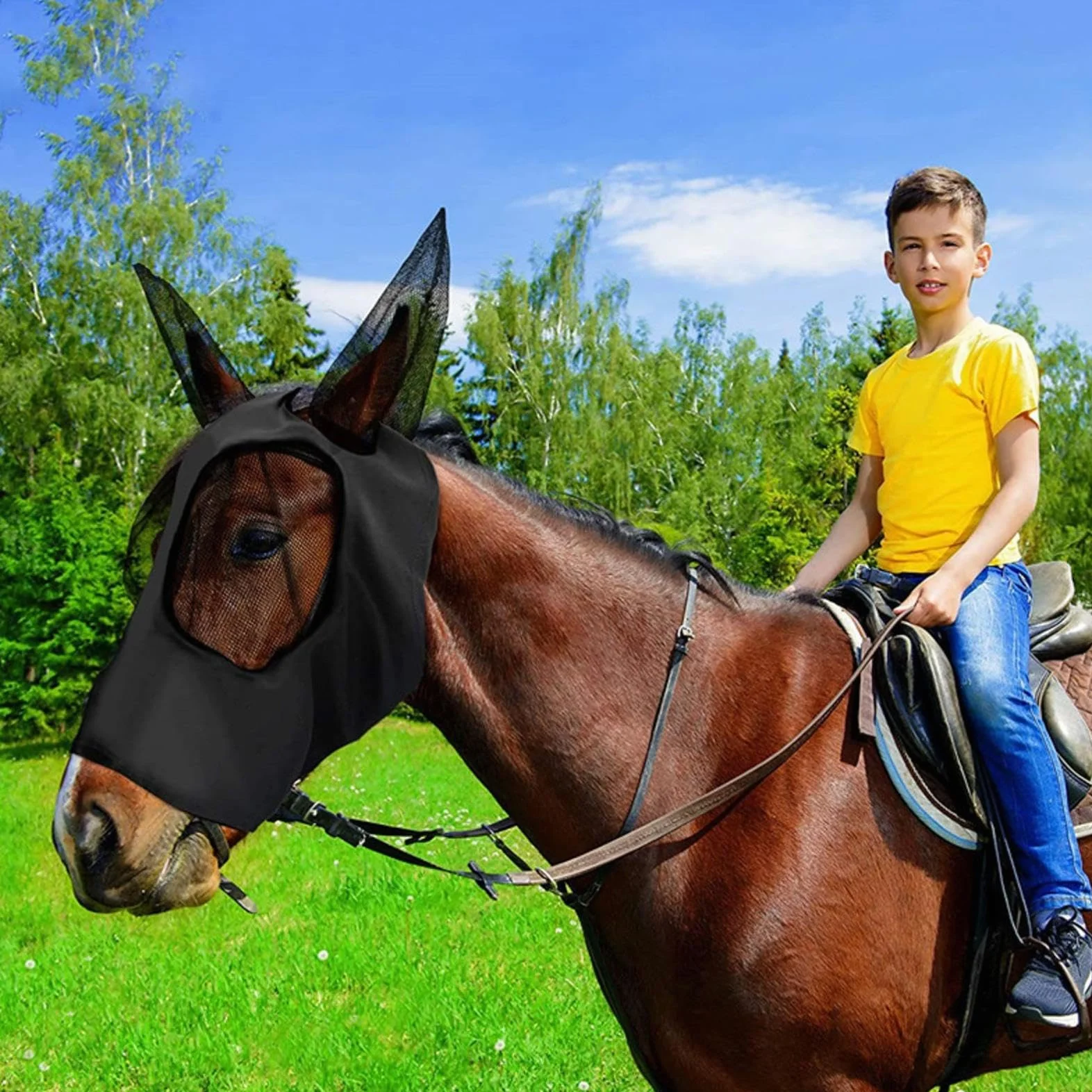 Masque anti-mouches pour chevaux avec oreilles, lycra respirante, protection UV, 3 pièces