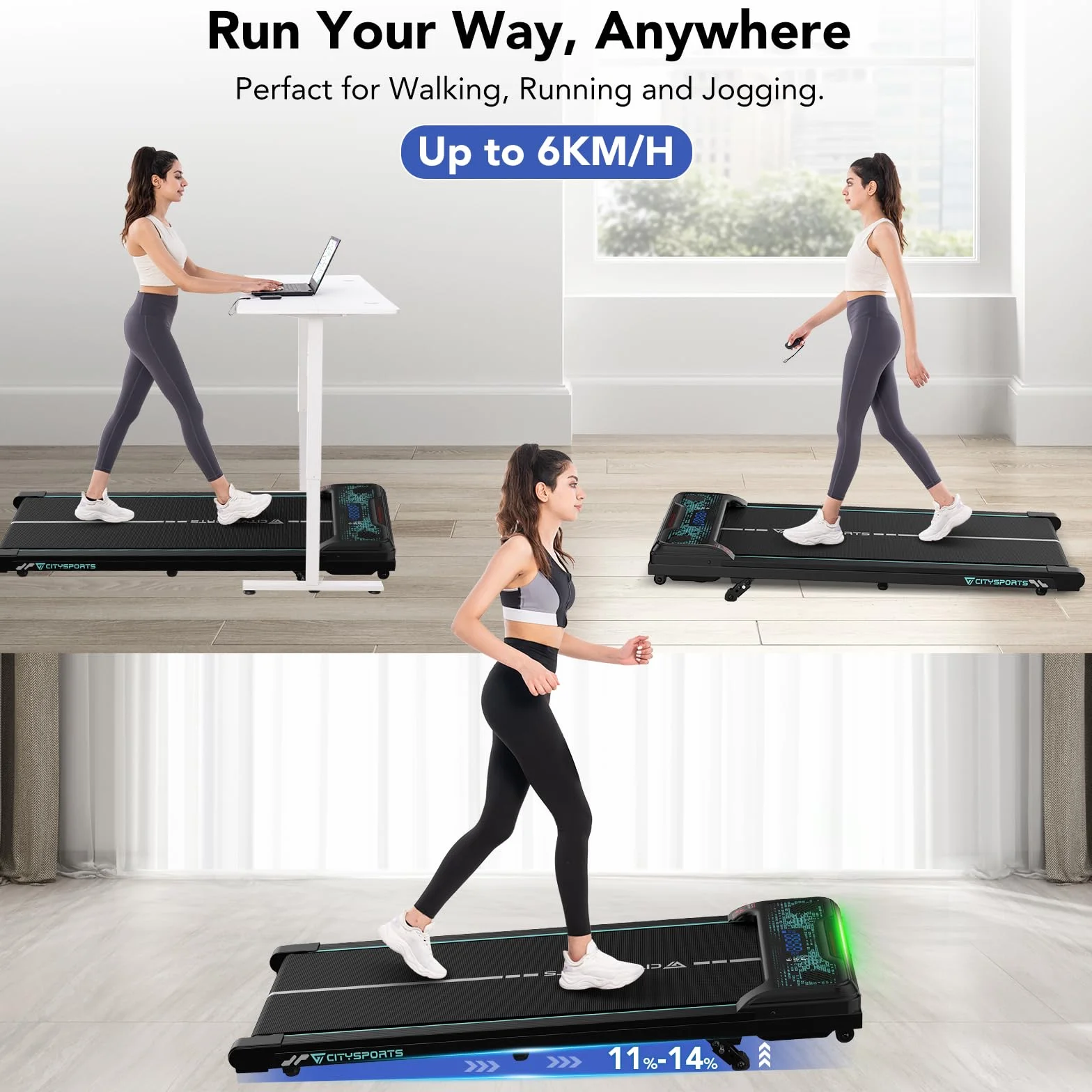 CITYSPORTS Tapis de Course Électrique Inclinable 11-14%, 1-6 km/h, Écran LED, Télécommande