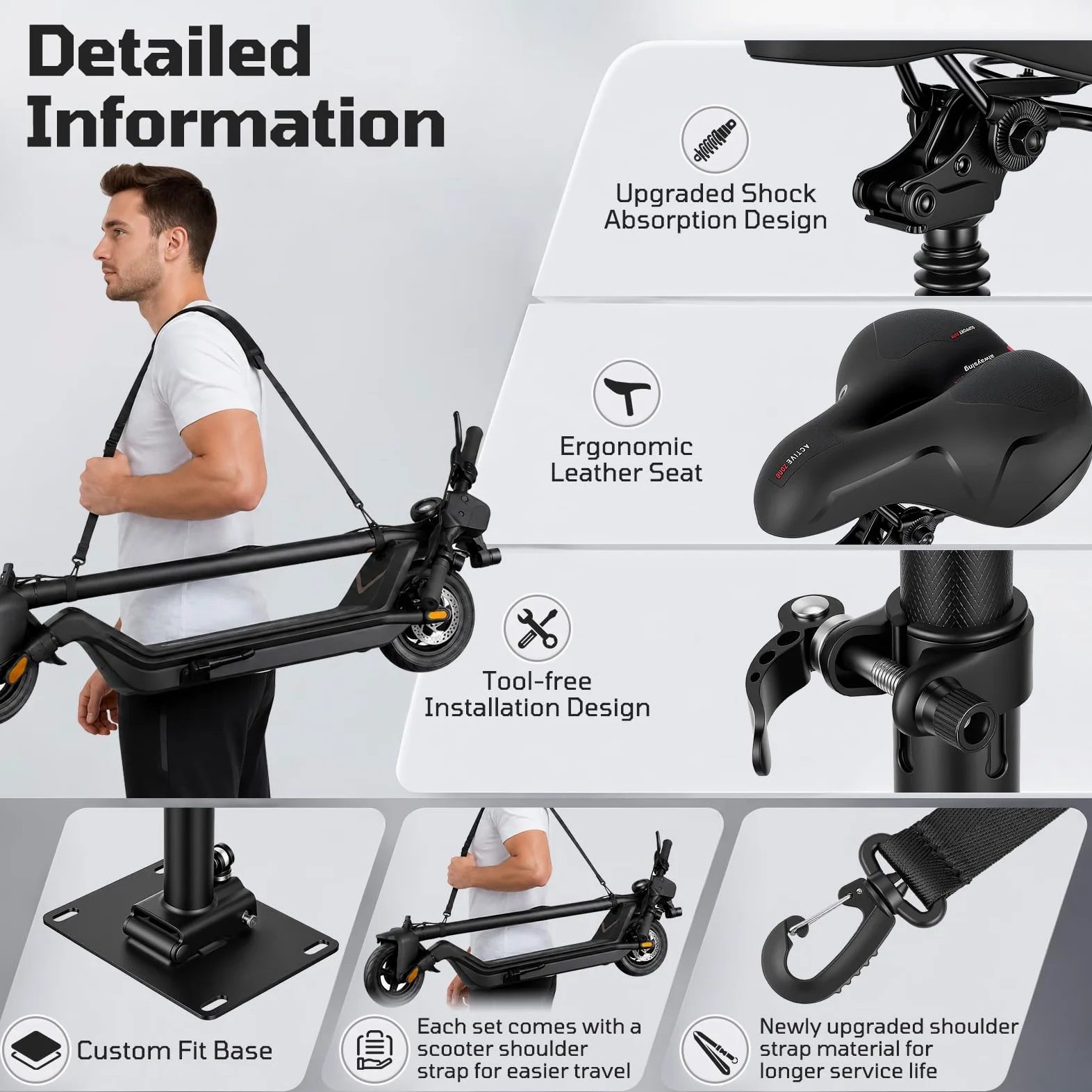 Siège Trottinette Électrique, Compatible avec Segway Ninebot F3/E3/E3Pro | Siège Pliable et Réglable en Hauteur pour Adultes Hauteur D'assise 45 à 65cm Amortisseur Portable avec Bandoulière