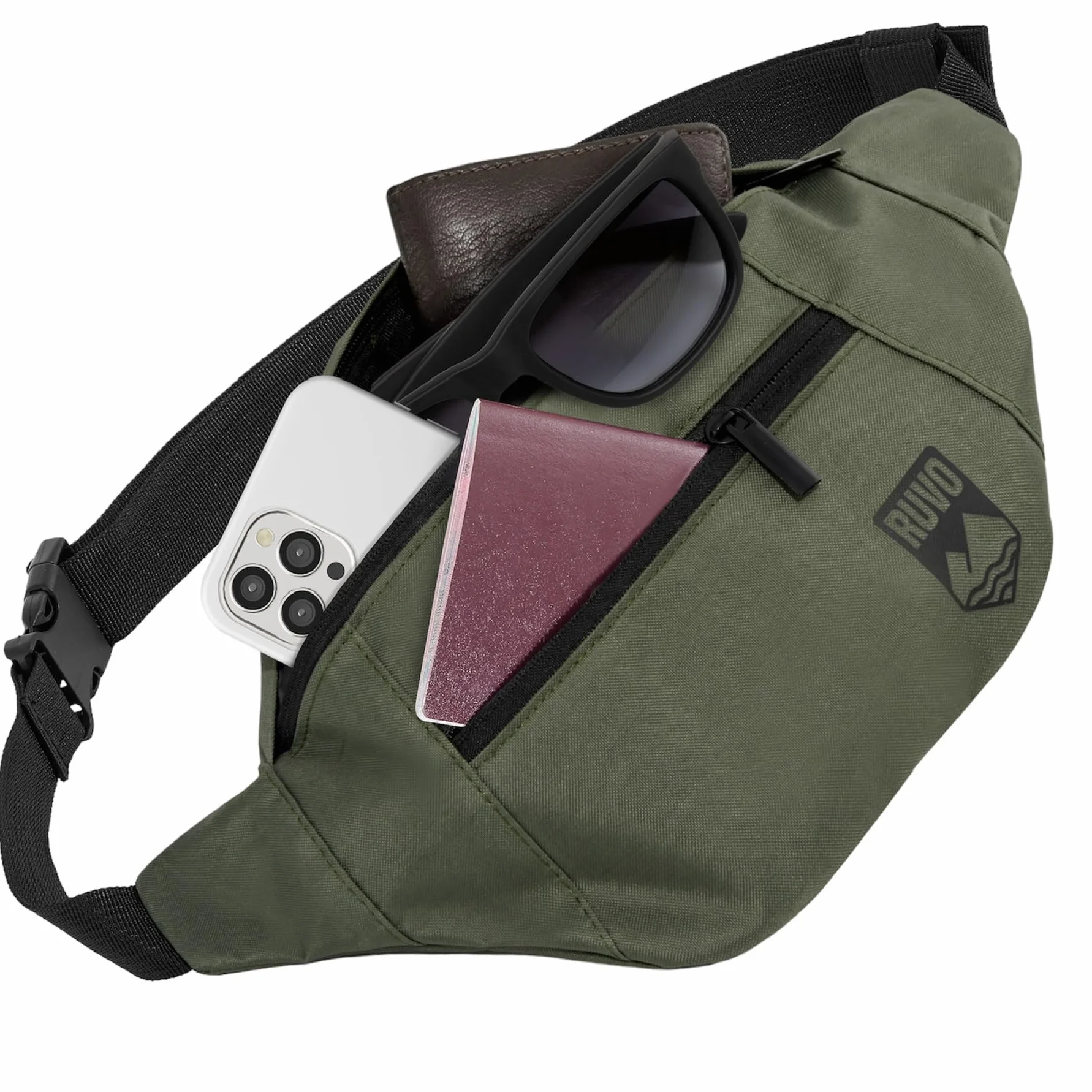 RUVO® sac banane élégant - 4 compartiments, fermeture éclair - rangement maximal pour toutes les activités, Olive, taille unique