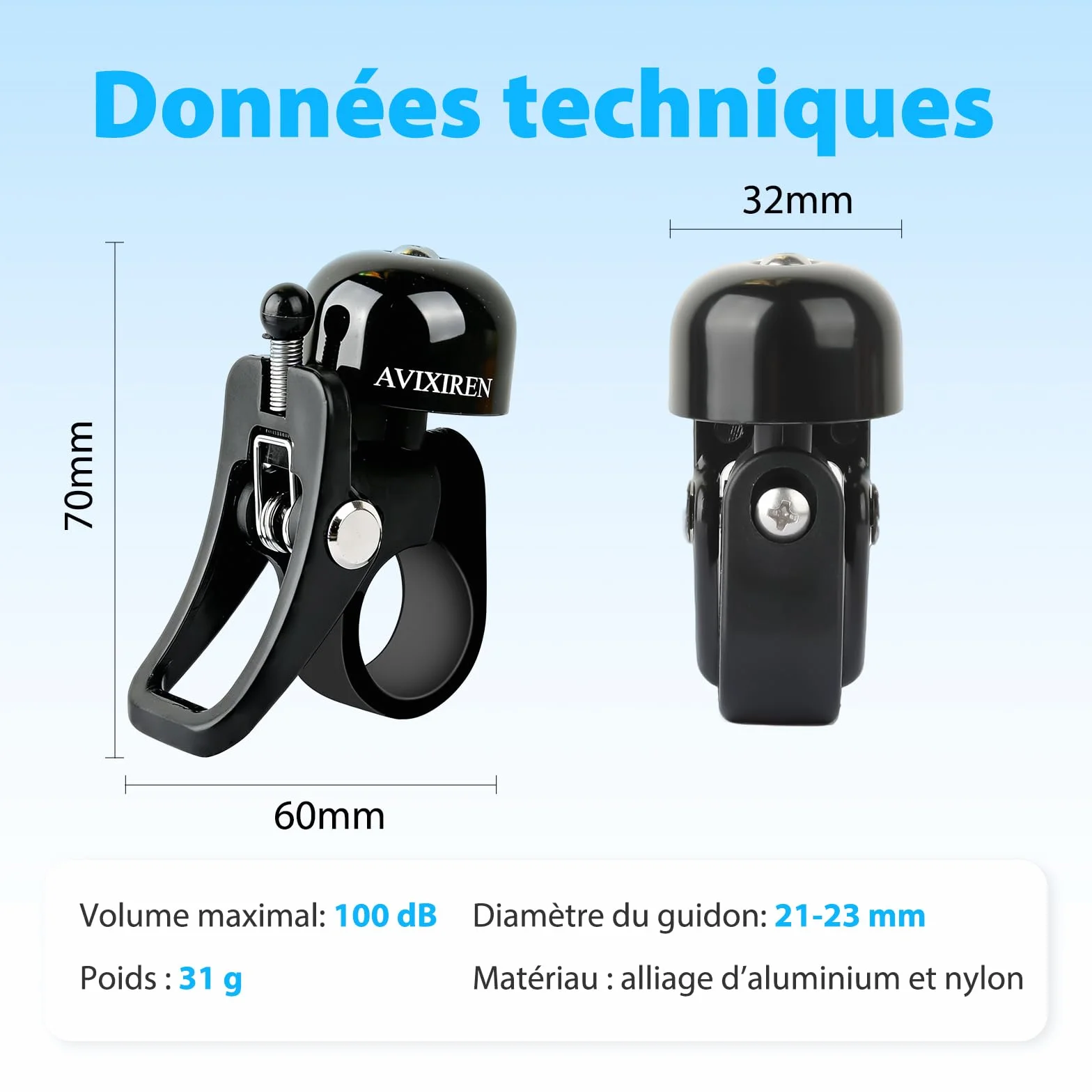 Lot de 2 Sonnettes Vélo Ultra Puissantes 100dB, Aluminium, Guidon 21-23 mm pour VTT, Course, VAE