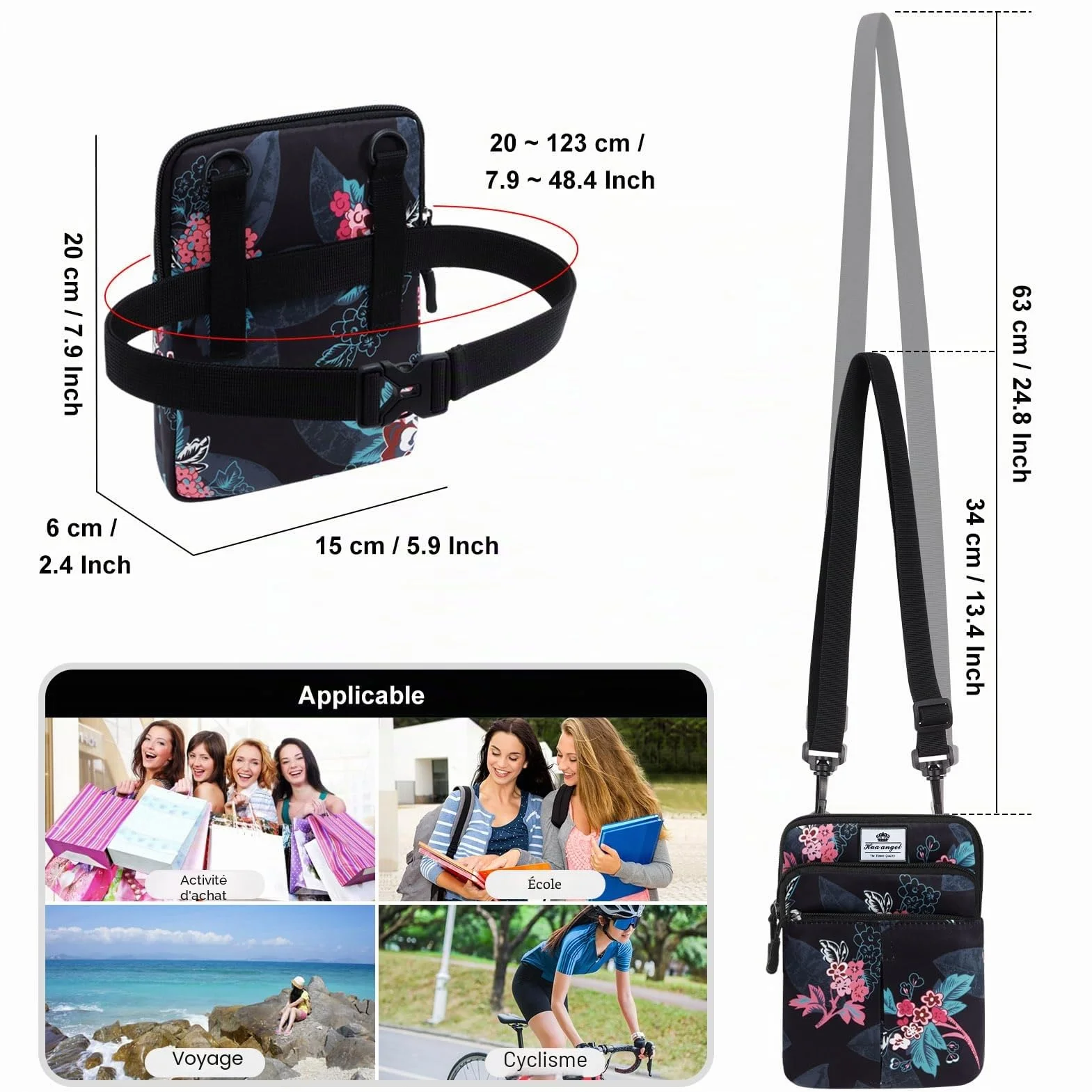HUA ANGEL Petit Sac Bandouliere Femme Léger Sac Ceinture Multicolore Sac Banane Sangle Interchangeable Homme Femme Jogging Vélo Sport Voyage