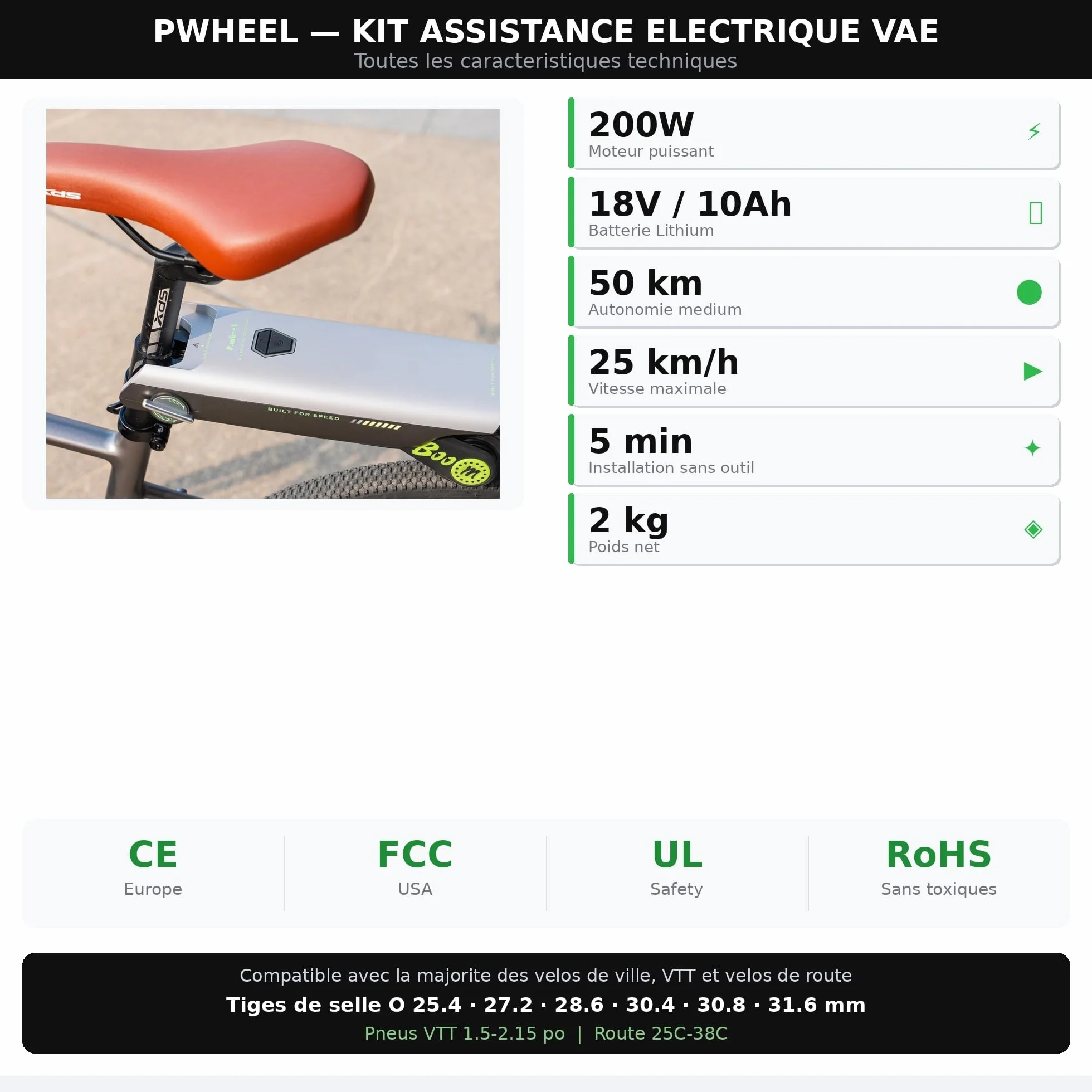 Kit Assistance Électrique Vélo 200W 18V Batterie Lithium 50 km Compatible VTT Route Certifié CE